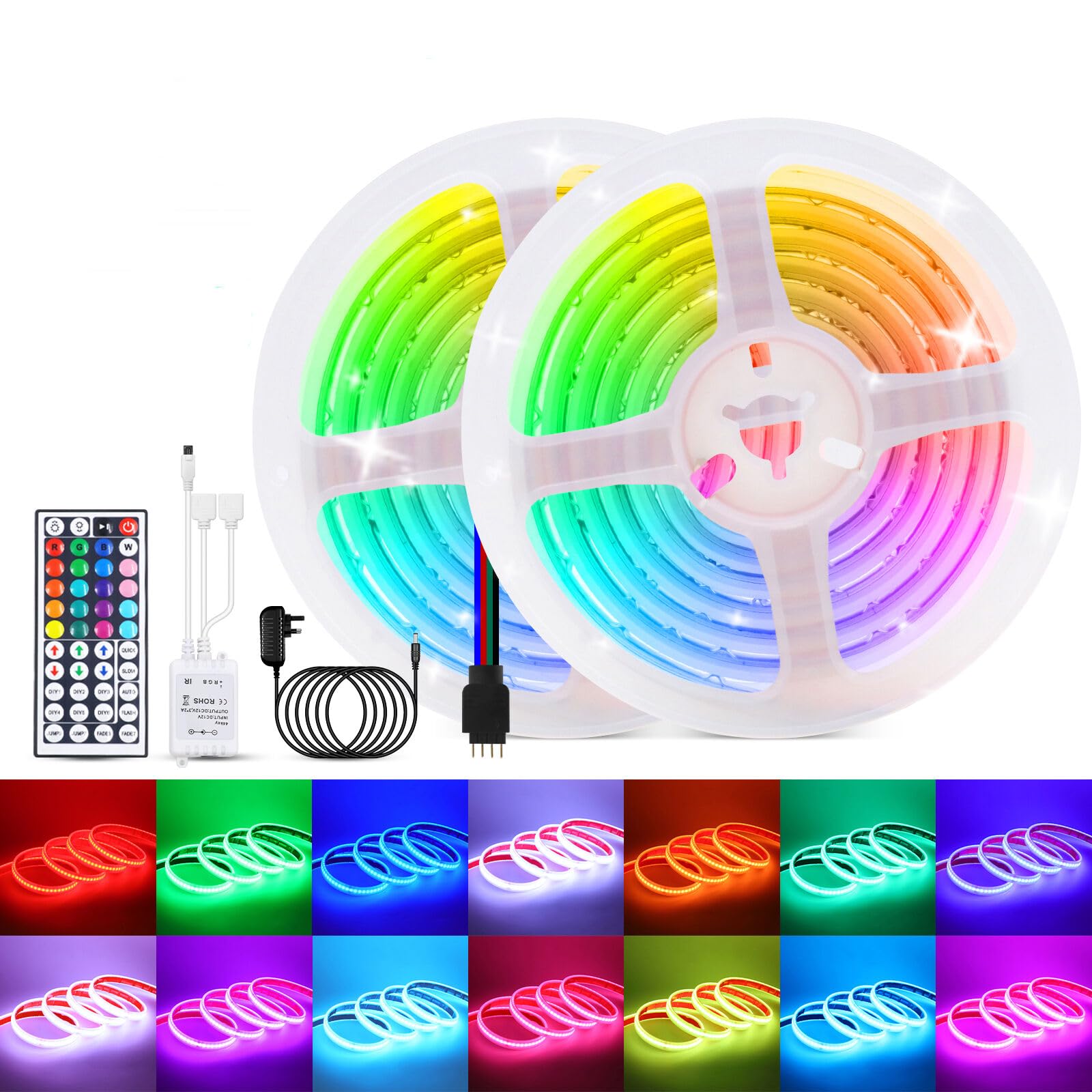 KISUFU 12V RGB COB Led Strip Light, 576 LEDs/m IP68 Waterproof Dimmable Multicolours Flexible Tape Light with 44 Key IR RGB Controller for TV, Bedroom, Party, DIY Decoration.