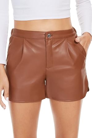 Fahsyee Faux Leather Shorts for Women High Waisted Belted S-XXL