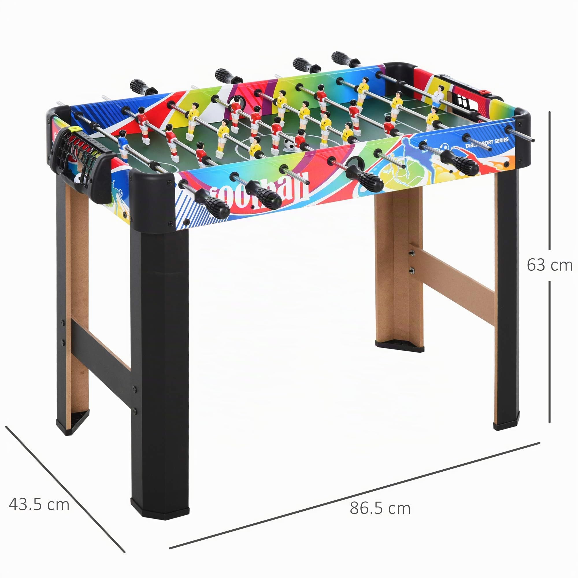 HOMCOM Calcio Balilla Classico con 2 Palline 86.5x43.5x63 cm Multicolore | 2 Tabelloni Segnapunti, Tavolo da Gioco, MDF, Acciaio Inox, Plastica