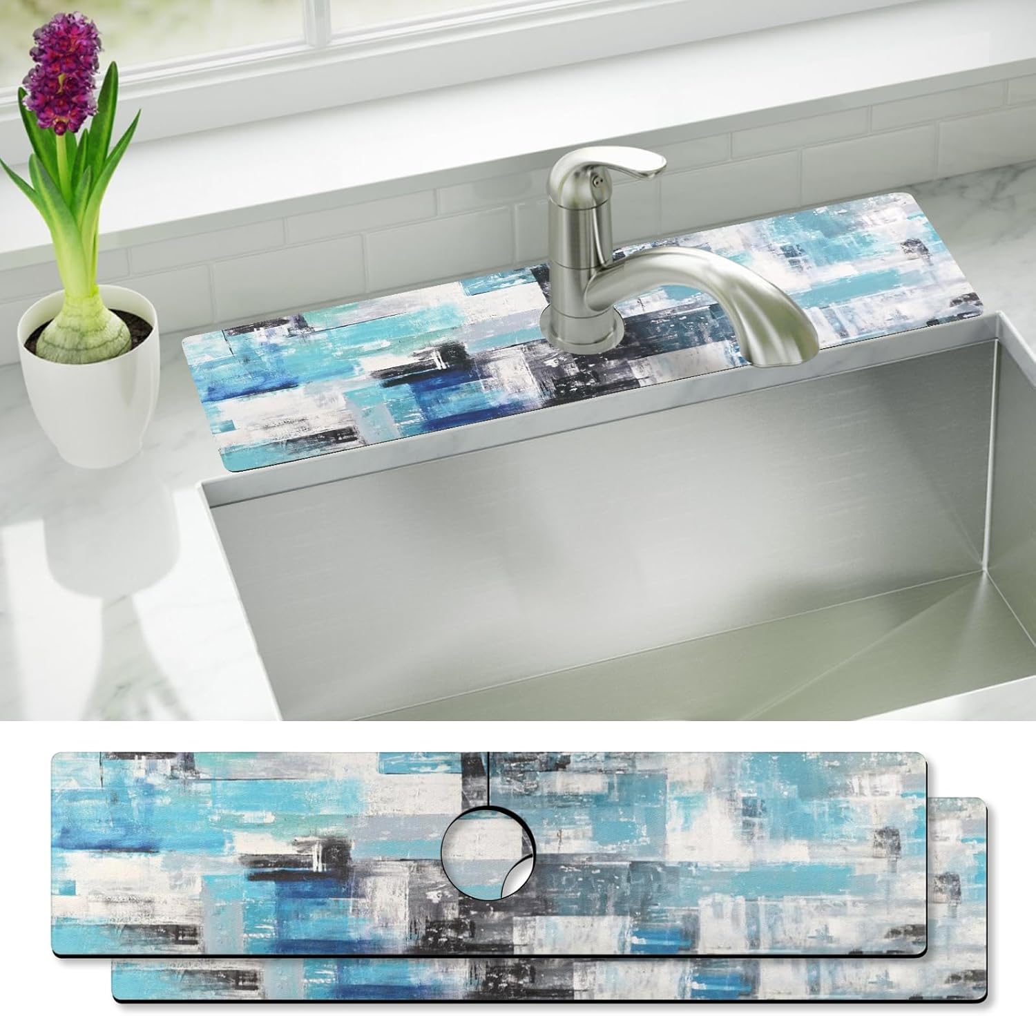 2 PC Kitchen Sink Faucet Absorbent Mat, Canvas Splash Guard Behind Faucet Drying Mat