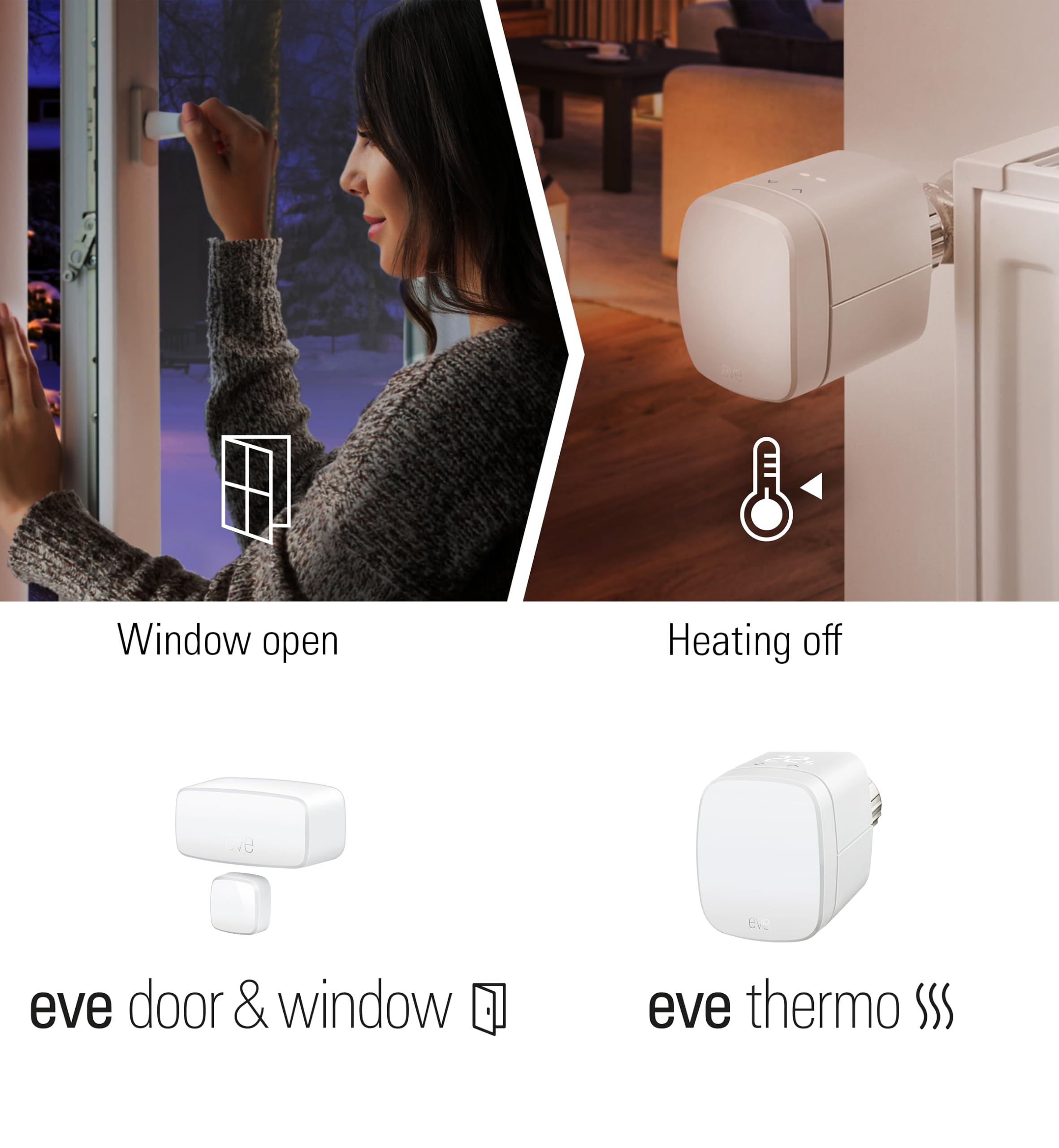 Eve Thermo - inteligentny termostat do grzejnika, oszczędza koszty ogrzewania, sterowanie ogrzewaniem & Eve Door & Window – inteligentny czujnik kontaktowy do drzwi i okien, powiadomienia