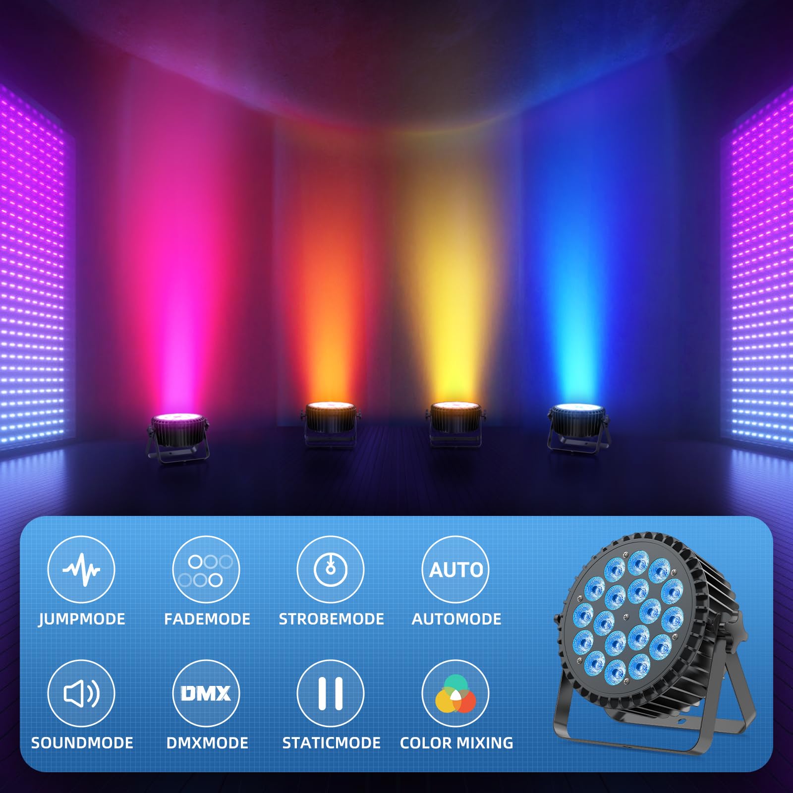 2PCS RGBWA UV 200W Par LED, 18 Luci da Palco D MX 7/10CH con Stroboscopio e Attivazione Sonora, Illuminazione Discoteca per Spettacoli Bar Feste Matrimoni Halloween