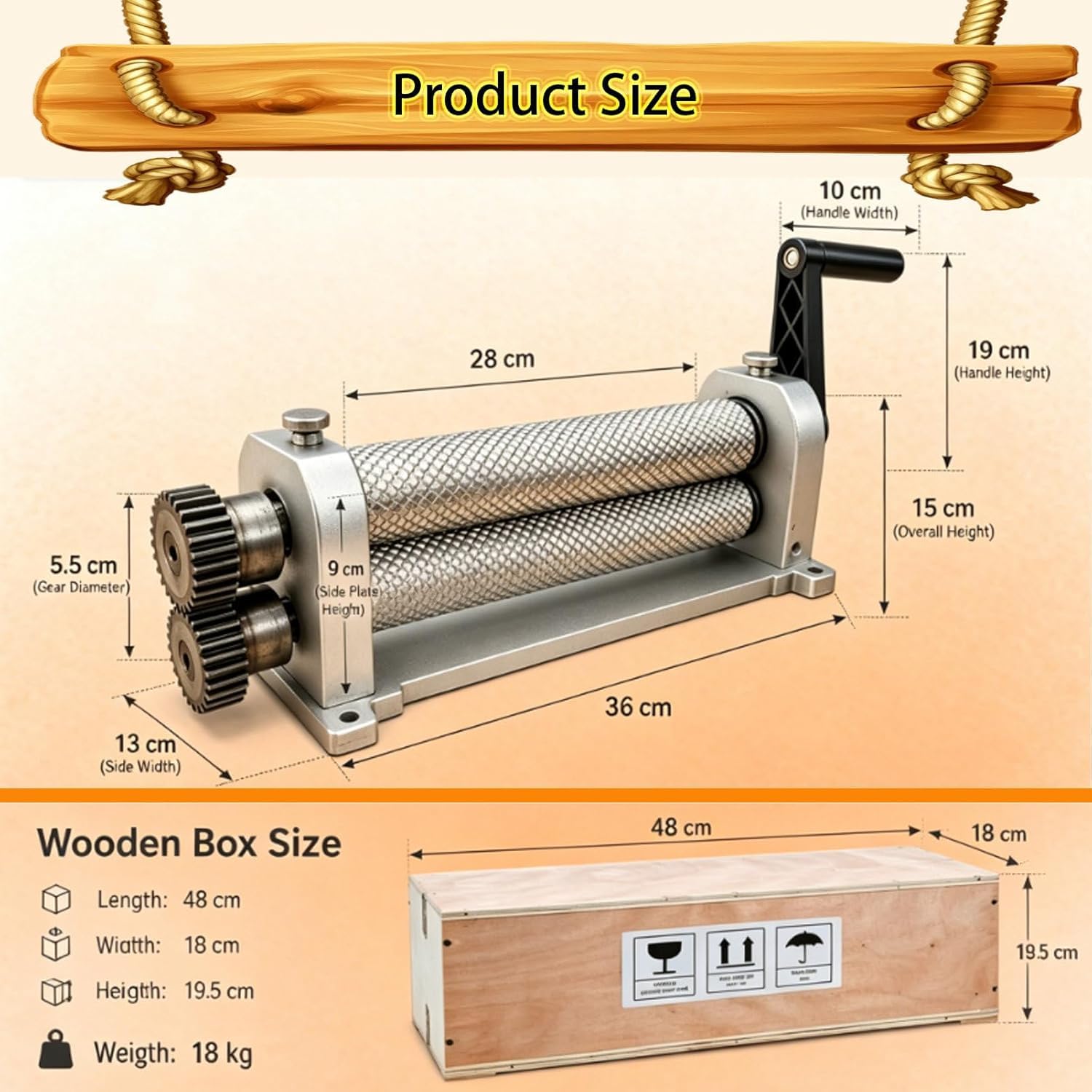 Rodillo de base de peine de cera de abejas, molino manual de aleación de aluminio de 280 mm, herramienta de apicultura para hojas de base de panal (4,9 mm)