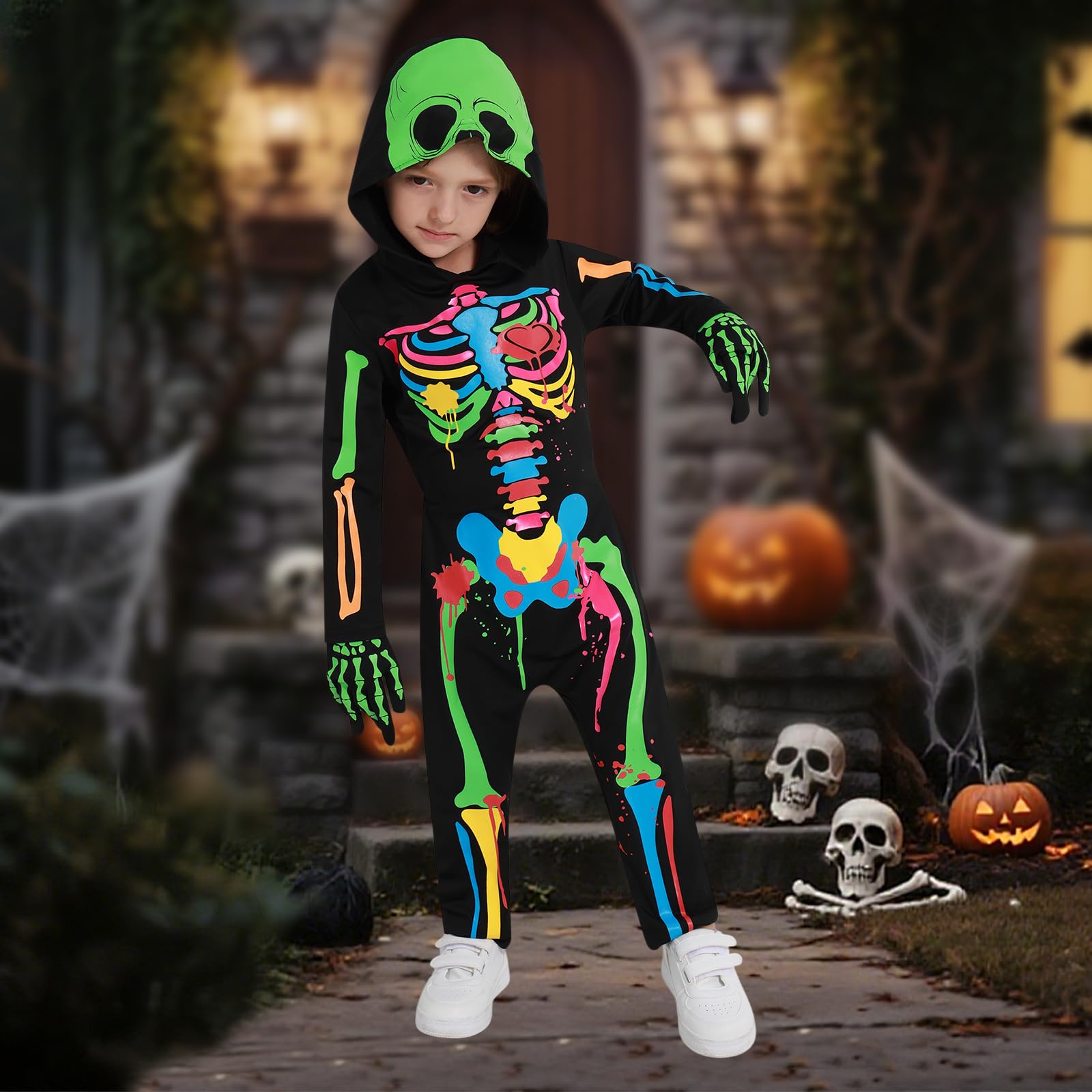 Miyanuby Kids Halloween Skeleton Costumes Toddler Boys Girls Glow in The Dark Skull Bones Luminous Hooded Jumpsuit with Gloves Baby Children Chucky Costume Blue-Green - Image 4
