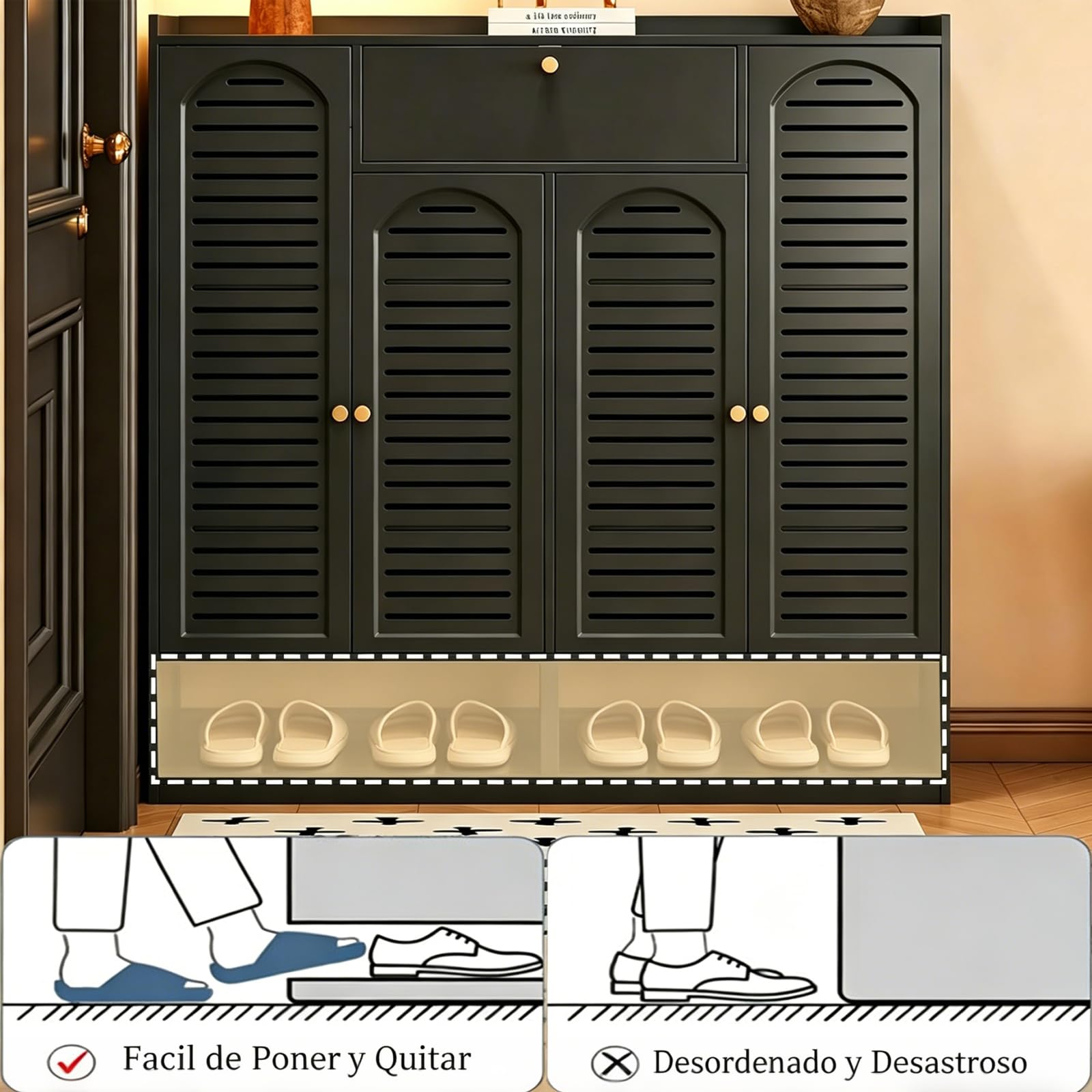 Zapatero de Bambú de 7 Niveles, Zapatero para Recibidor, Rran Zapatero con Puerta Enrollable, Zapatero Independiente con Estante Regulable, Ideal para Pasillo y Salón (Negro)