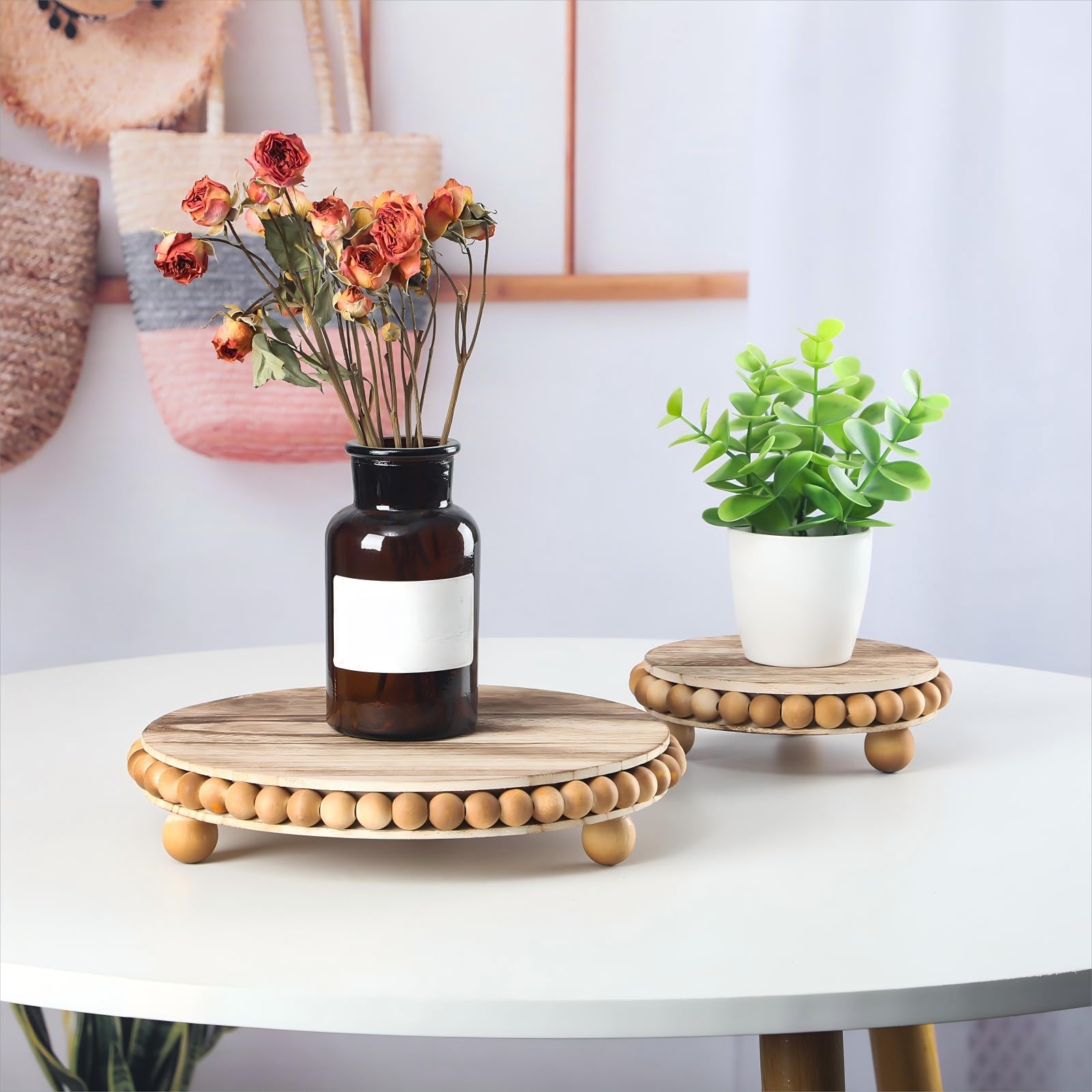Farmhouse Wood Risers - Set Of 3, Vintage Pedestal Stands With Wood Bead Garland, Rustic Kitchen & Bathroom Decor - View #4
