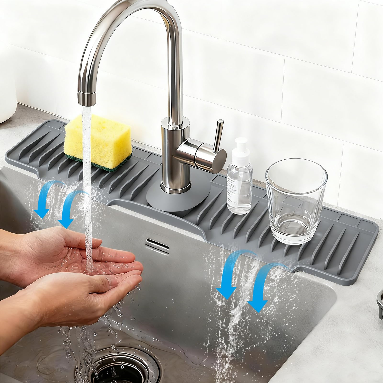 61 × 10 cm Silikon Abtropfmatte für Küchenspüle, Grau | Spritzschutz mit 8° Neigung, selbstentleerend, inkl. Ablauf für Wasserhahn, Arbeitsplatte & Badezimmer