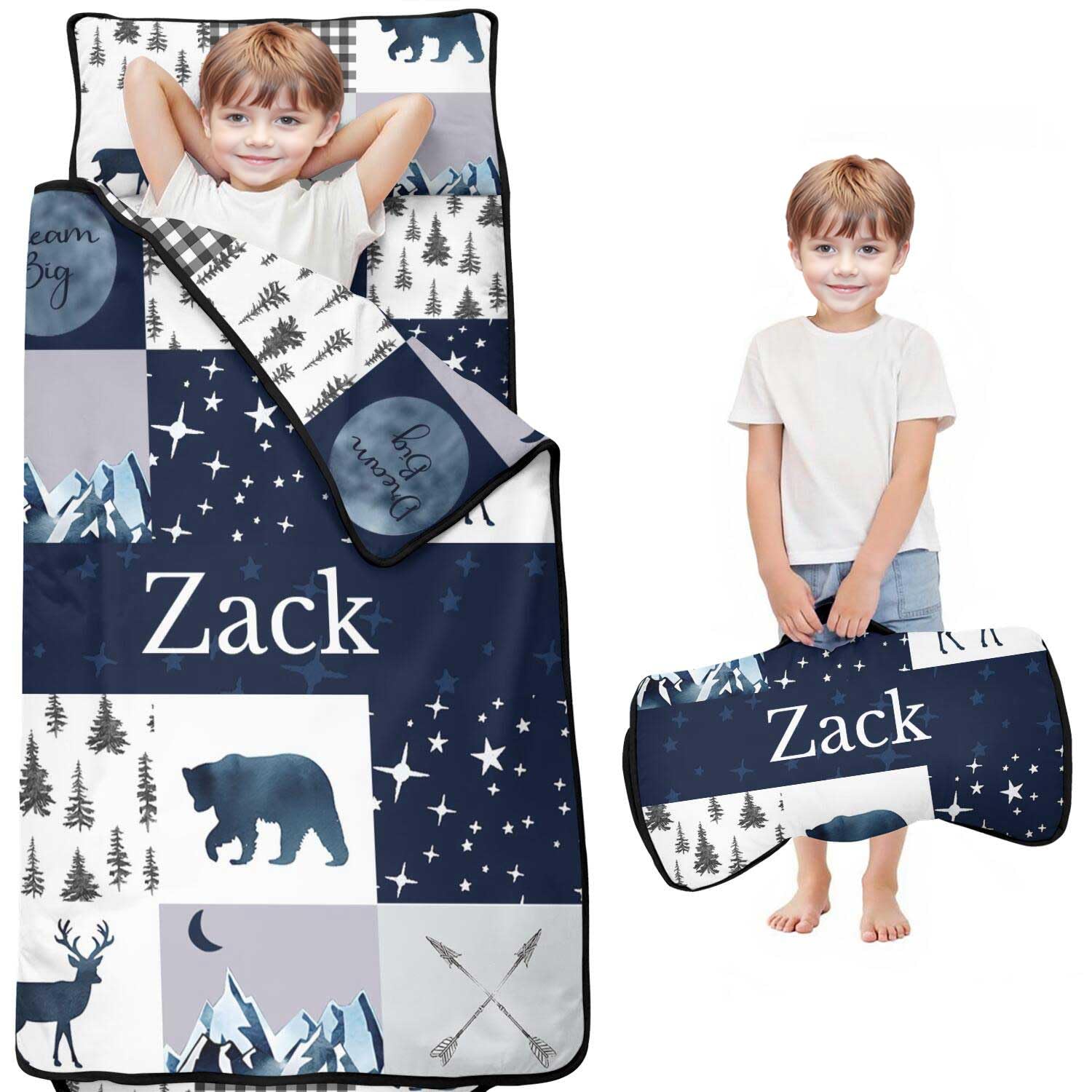 Personalized Toddler Nap Mat with Name – Custom Patchwork Design Sleeping Bag with Pillowcase & Blanket for Boys – Ideal Slumber Bags for Daycare, Preschool & Kindergarten