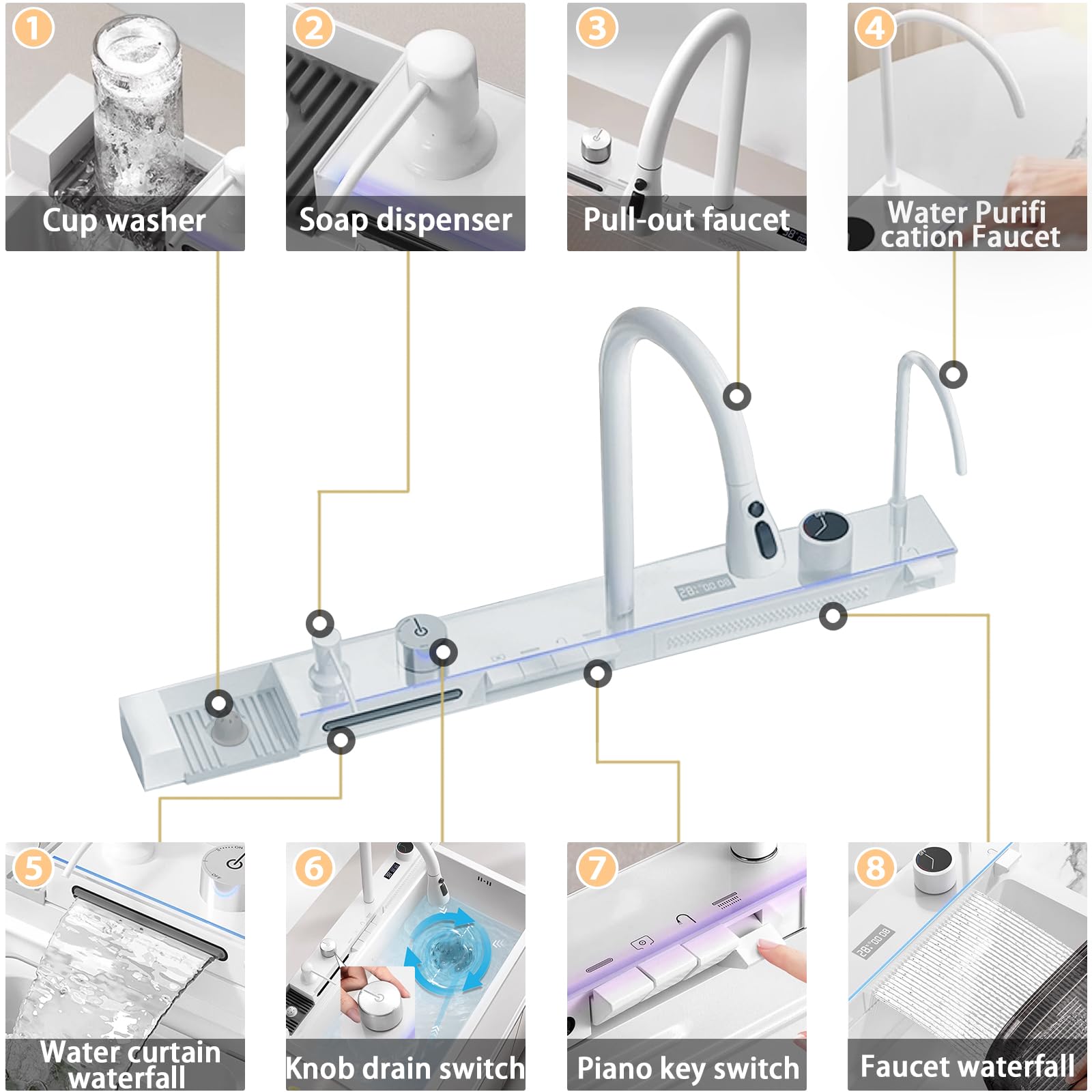 Lavello da cucina intelligente multifunzione da 85 cm, con rubinetto digitale integrato, in acciaio inox, con ciotola per lavastoviglie e set di accessori per cucine moderne