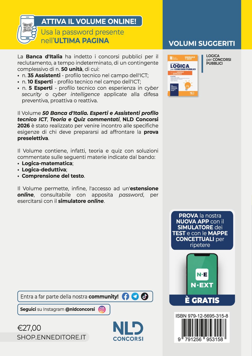 Concorso 50 posti Banca d'Italia 35 assistenti e 10 esperti profilo ICT manuale di teoria e quiz commentati per la prova preselettiva 2026