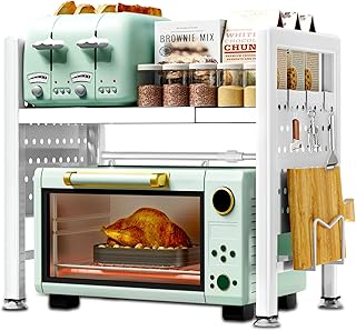 Soporte Extensible para Microondas de 2 Niveles, Soporte Microondas Extensible 40-65cm, Estante Microondas, Mueble para Microondas con Soporte para Tabla de Cortar, 6 Ganchos (Blanco)