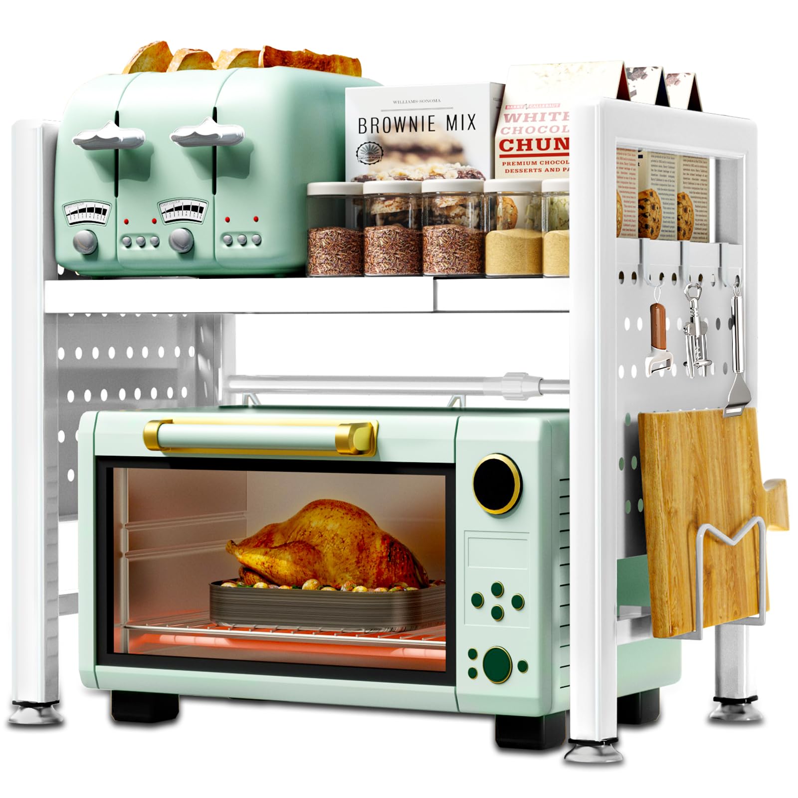 BBLTIFF Soporte Extensible para Microondas de 2 Niveles, Soporte Microondas Extensible 40-65cm, Estante Microondas, Mueble para Microondas con Soporte para Tabla de Cortar, 6 Ganchos (Blanco)