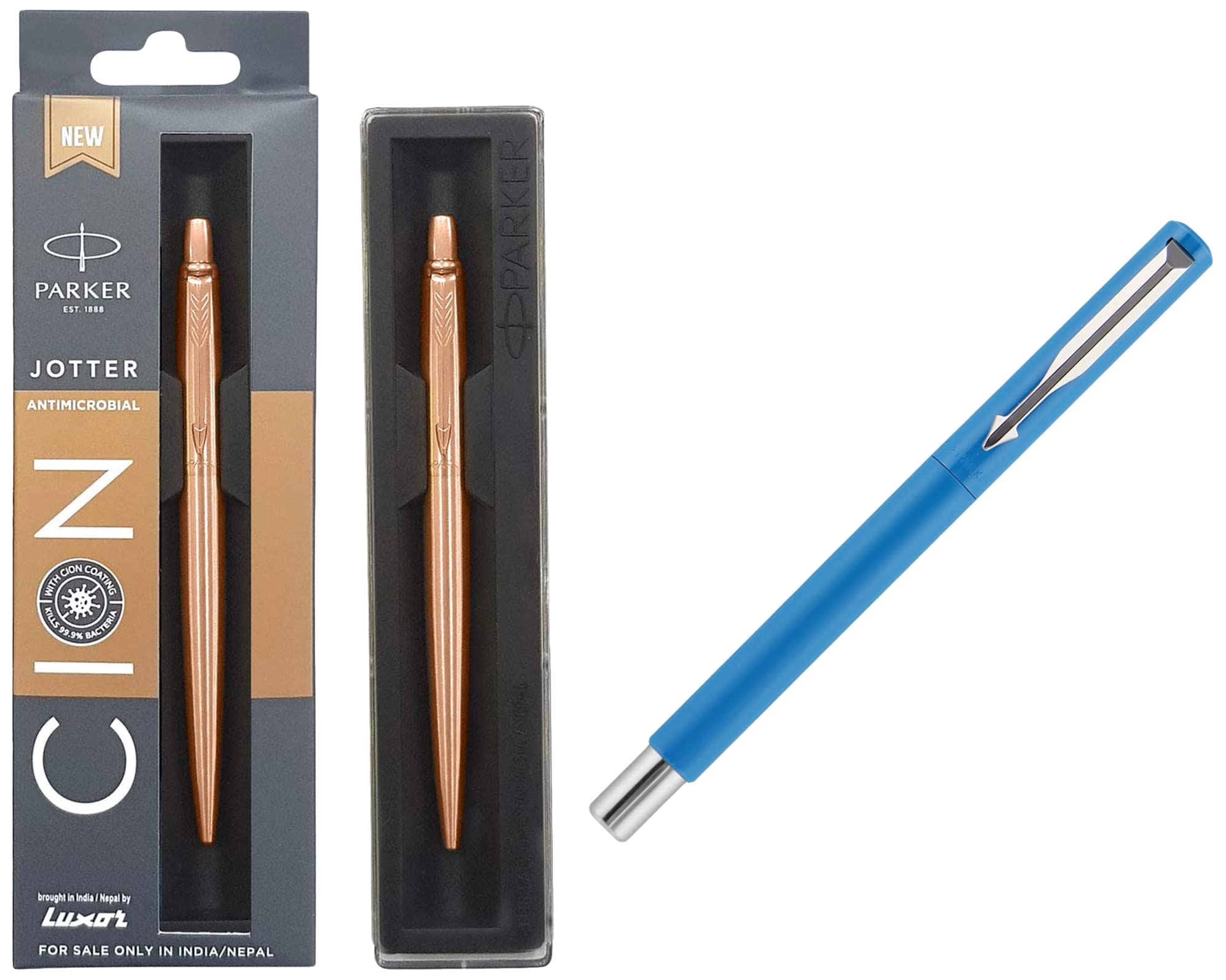 Parker Jotte Stainless Steel Ball Pen - CION Coated, 1 Count(Pack of 1) & Vector Standard Blue Fountain Pen Chrome Trim Fine Nib with 3 Free Ink Cart