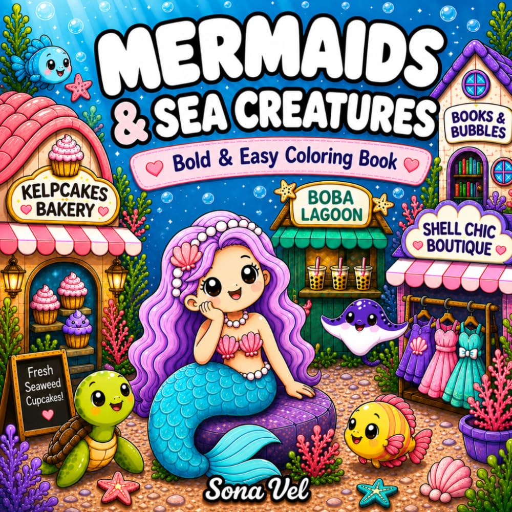 Mermaids and Sea Creatures: Coloring Book for Adults and Kids, Bold and Easy Designs for Relaxation and Stress Relief Featuring Cozy Ocean Scenes and ... Animals (Cute & Cozy Bold Coloring Books)