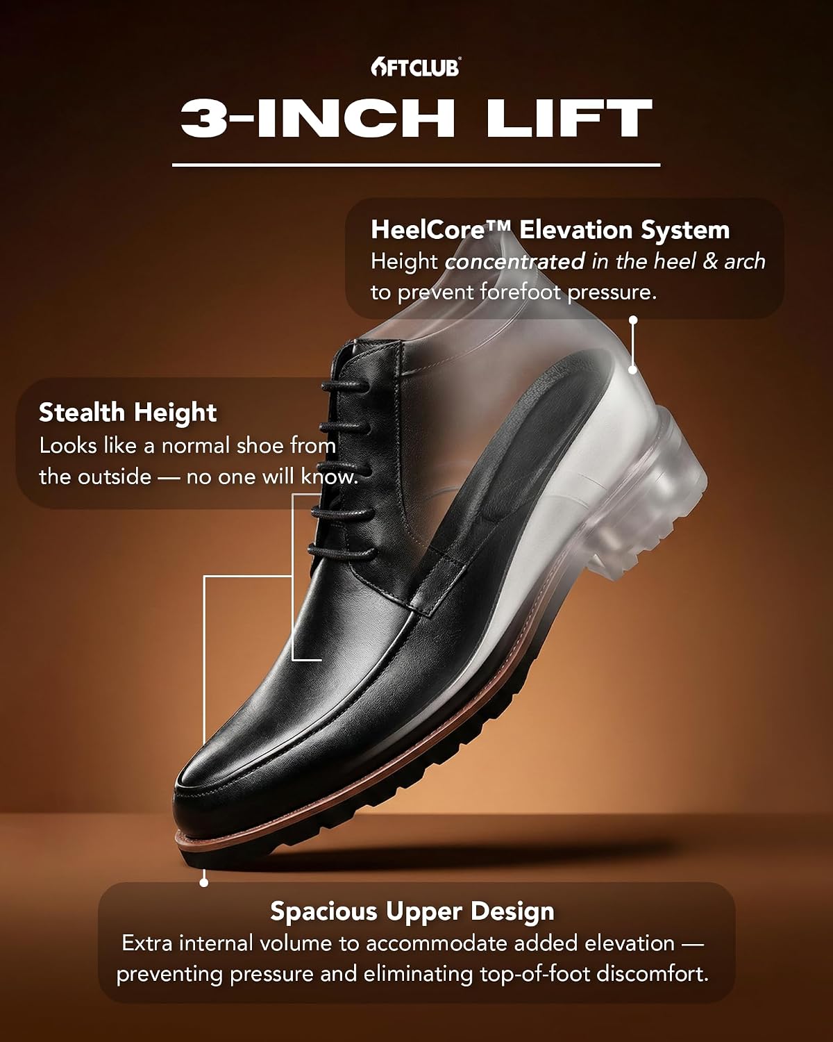 6FT CLUB Men's Height Increase Dress Boots – Black Leather Elevator Shoes, 2.8 Inches (7CM) Taller, Hidden Lift, Premium Full-Grain Leather