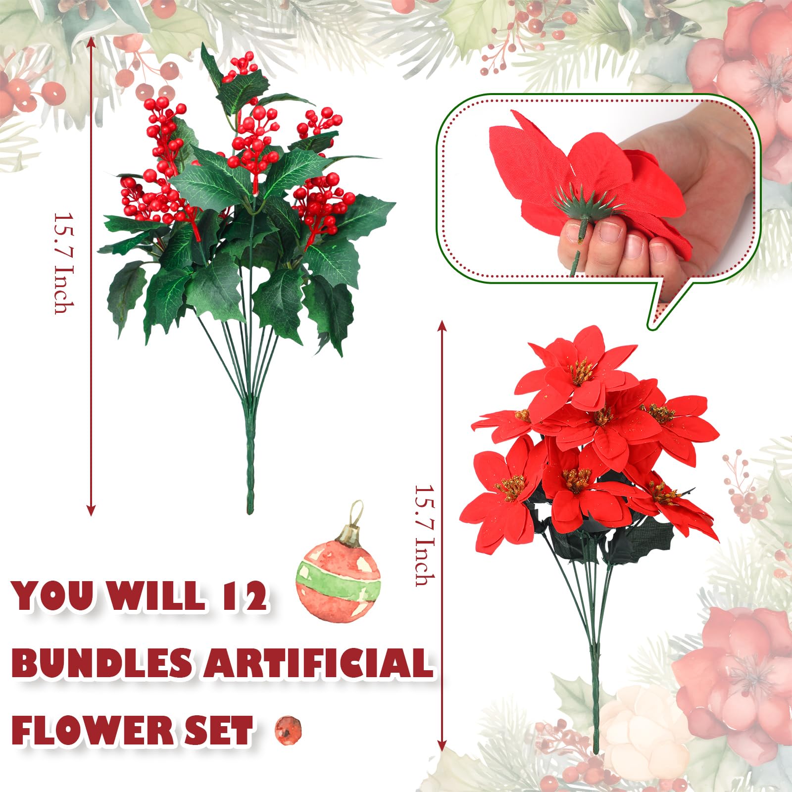 Ceenna 12 flores artificiales de Navidad, flores de pascua, arbustos, bayas de acebo, tallos de hojas de cedro, flores de Navidad, hojas de Navidad, decoración de fiestas en interiores y exteriores
