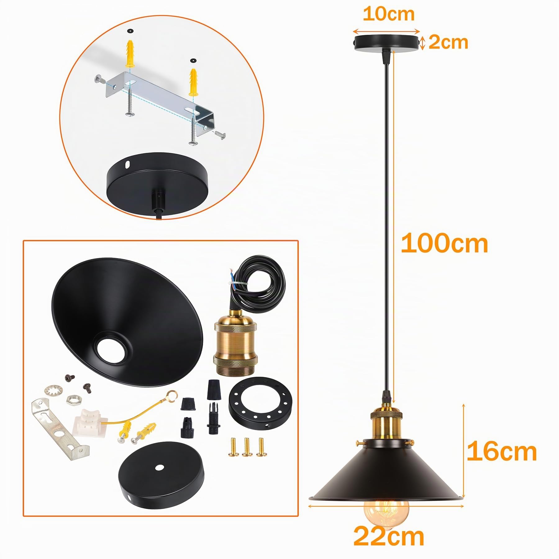iDEGU 3 Piezas Lámparas Colgantes Vintage, 22CM Lámparas de Techo Retro de Metal Estilo Edison Industrial E27 Iluminación para Comedor, Cocina, Salón, Bar, Restaurante (3x Negro)