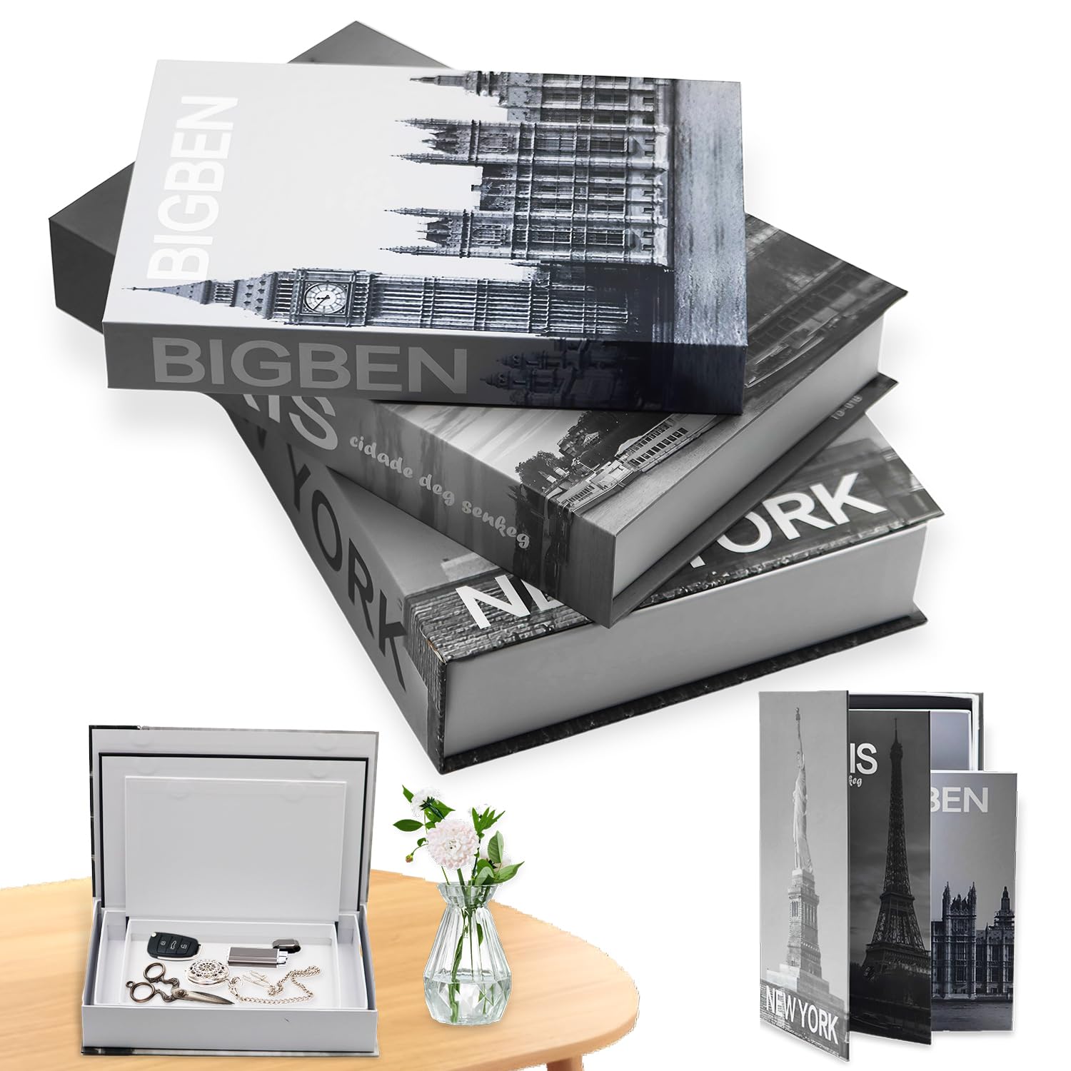 3 Scatole Portaoggetti A Forma Di Libro | Finti Libri Decorativi In Lino Per Libreria E Tavolo | Bianco, Grigio