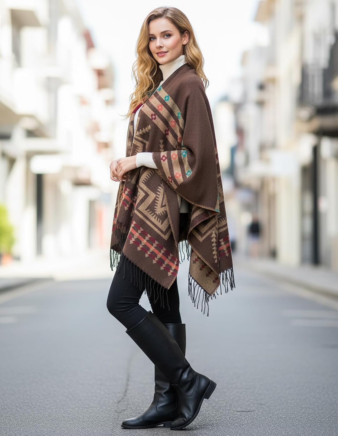 Women's Shawl Wraps Open Front Poncho Cape Oversized Sweaters Casual Cardigan Shawls for Fall Winter - Image 9