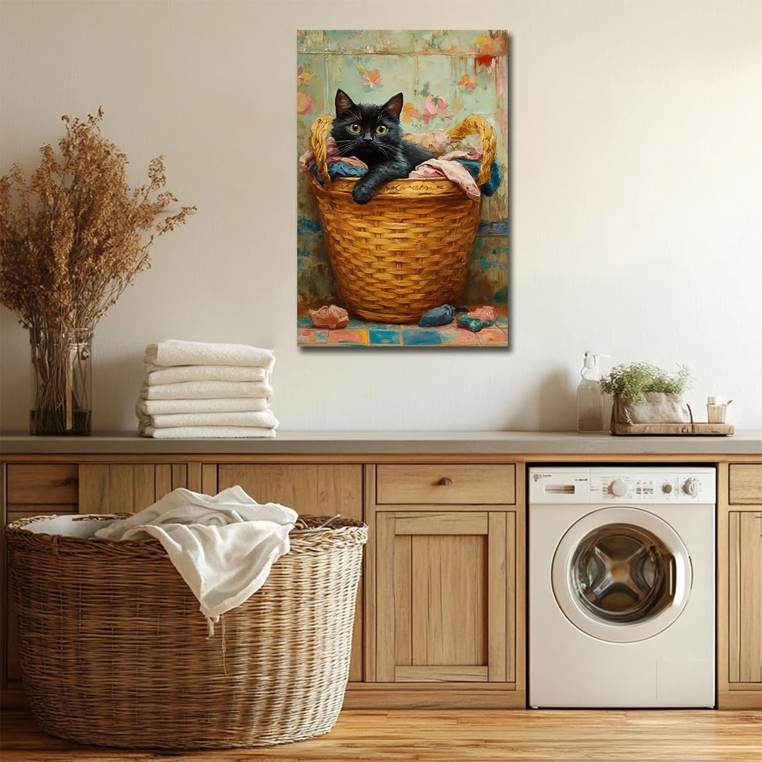 Black Cat in Laundry Basket Canvas Wall Art Print,Laundry Room Decor and Accessories,Cute Laundromat Sign Pictures Painting Artwork for Bathroom Bedroom,16"x24" Unframed