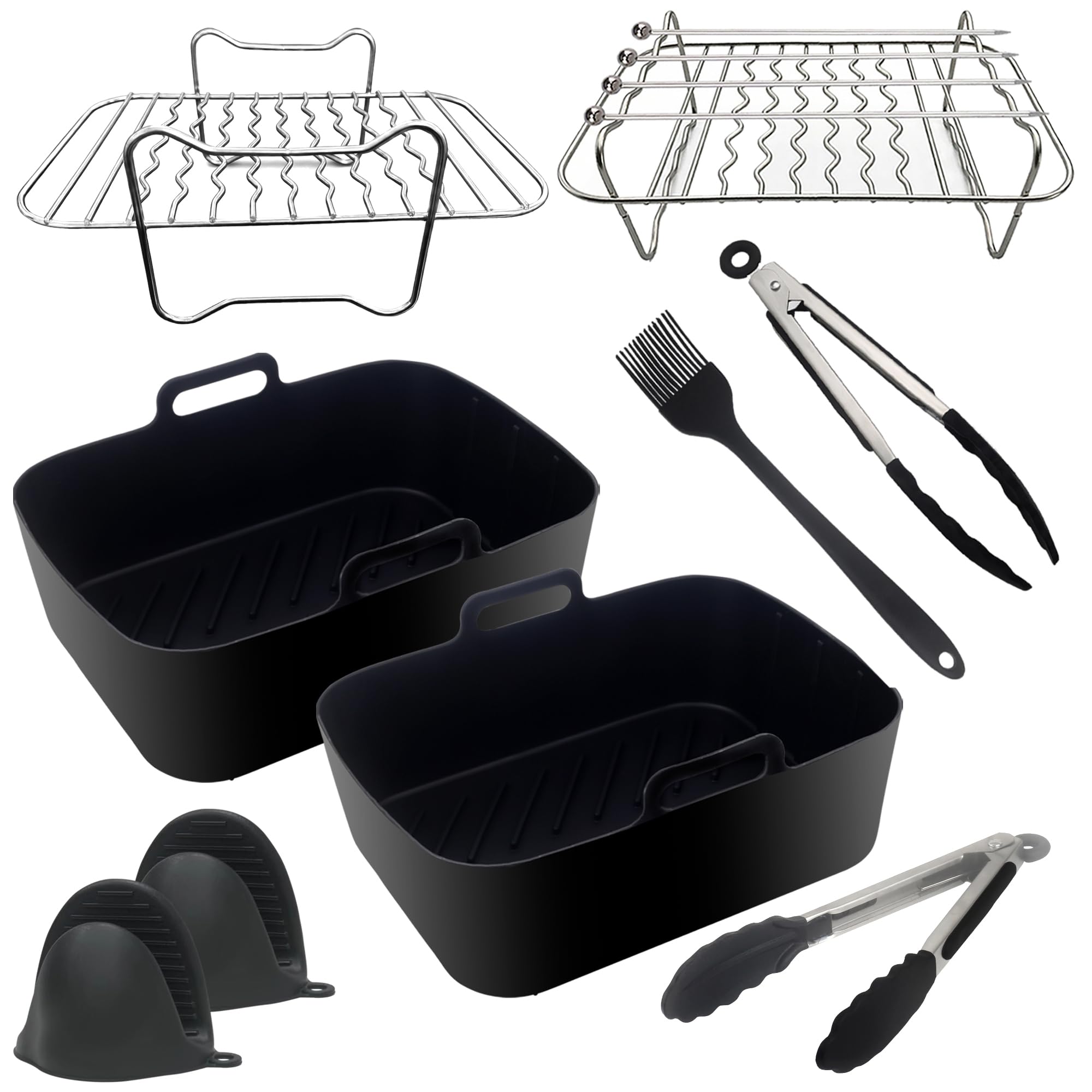 Air Fryer Accessories Set 8 Pcs for Ninja Dual AF400UK AF300UK AF451UK, Silicone Liners, Rack, Skewers, Gloves, Tongs & Oil Brush, Reusable for 7.6L-9.5L Dual Basket Air Fryers