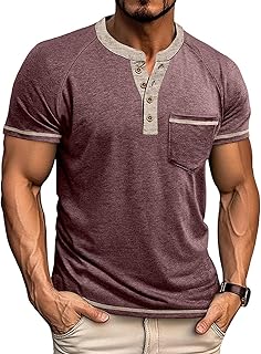 2025 - Camiseta europea de bloque de color con botones, bolsillo abierto para el cuello, casual, suelto, moderno, cómodo, monocolor, cuello redondo, manga corta pijama con encaje para hombre