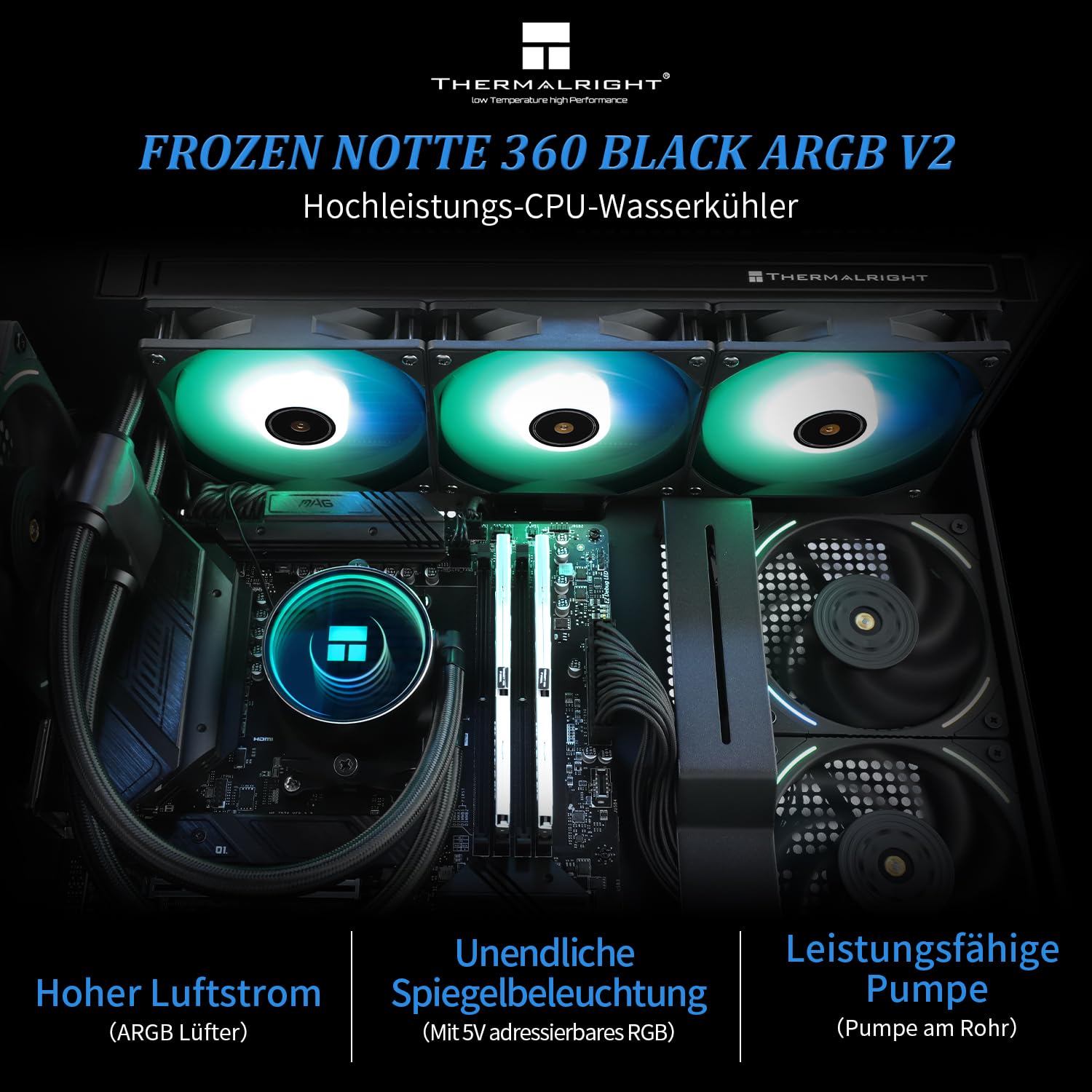 Thermalright Frozen Notte 360 Black ARGB V2 - Enfriador de CPU 360 especificaciones de enfriamiento de CPU negro, 3 × 120 mm, ventilador PWM, apto para AM5/AM4/Intel LGA 1700/1851/1150/1151/1200/2011