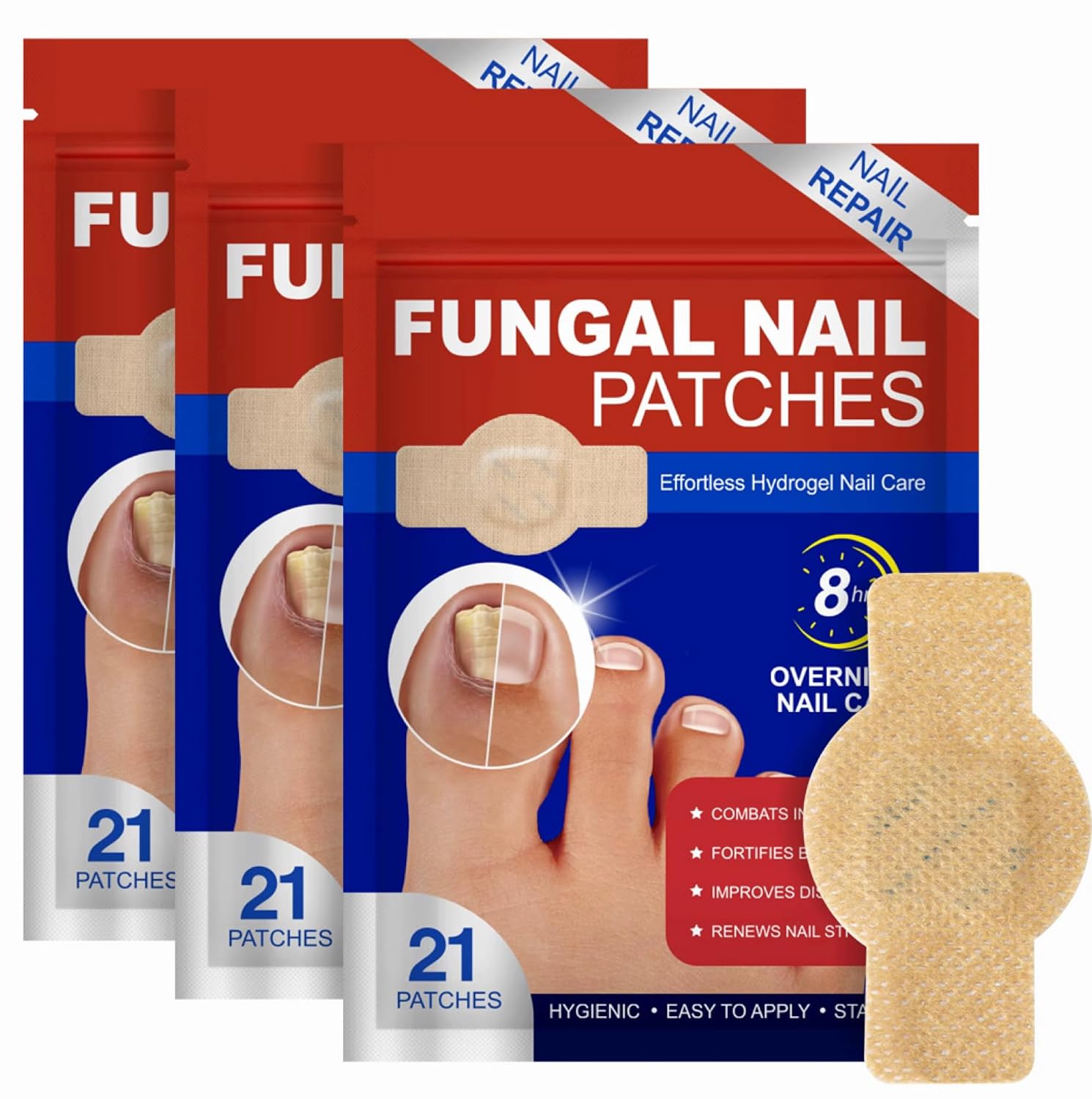 Fungal Nail Patches for Toenail Care, 3 Packs (63 PCS) Nail Repair Patches for Yellow, Thick, Damaged & Discolored Nails, Easy to Apply Overnight Toenail Patches for Men & Women