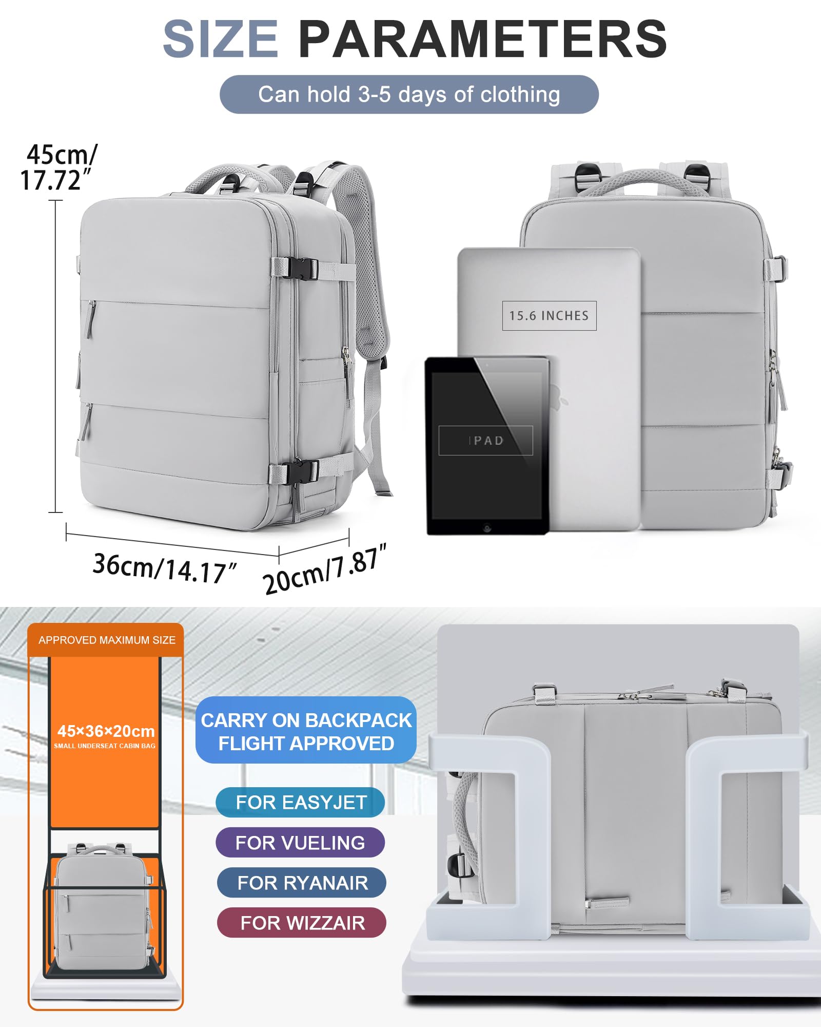 BJLFS Borse da Cabina per Ryanair 40x20x25 Bagaglio a Mano Zaino Borsa Zaino da Viaggio, Zaino da trekking,Zaino Easyjet 45x36x20,Zaino Casual per laptop da 14 pollici per scuola