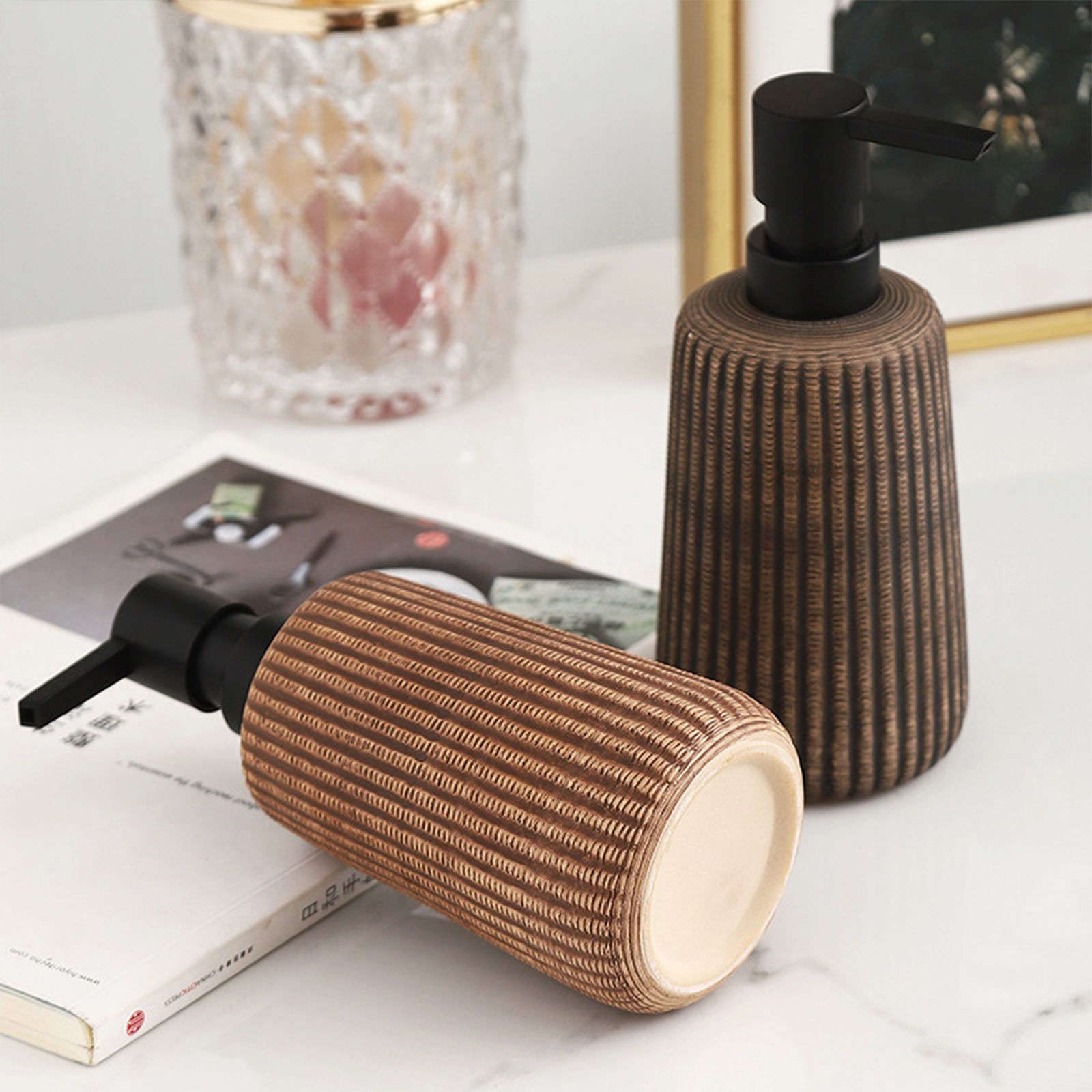dispenser per sapone, Distributore di sapone, distributore lozione in ceramica, for le mani, ricaricabile - bagno cucina marrone chiaro 400 ml/14 oz