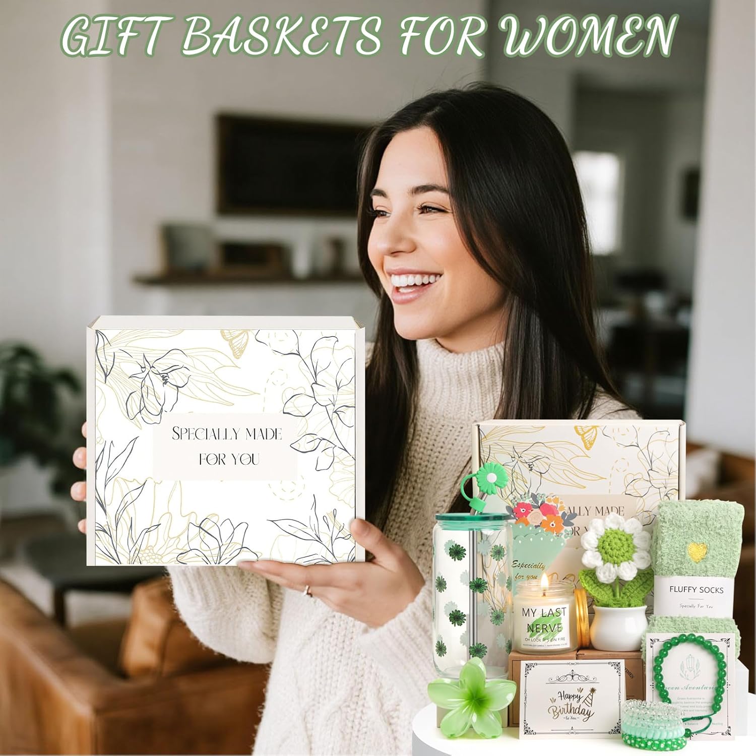 Birthday Gifts for Women, Teen Girls, Her, Unique Happy Birthday Gift Baskets for Best Friend Sister Daughter, Women Christmas Gifts Box for Girls Wife Girlfriends, 14pcs Cute Daisy Gift Set(Green) - Image 8