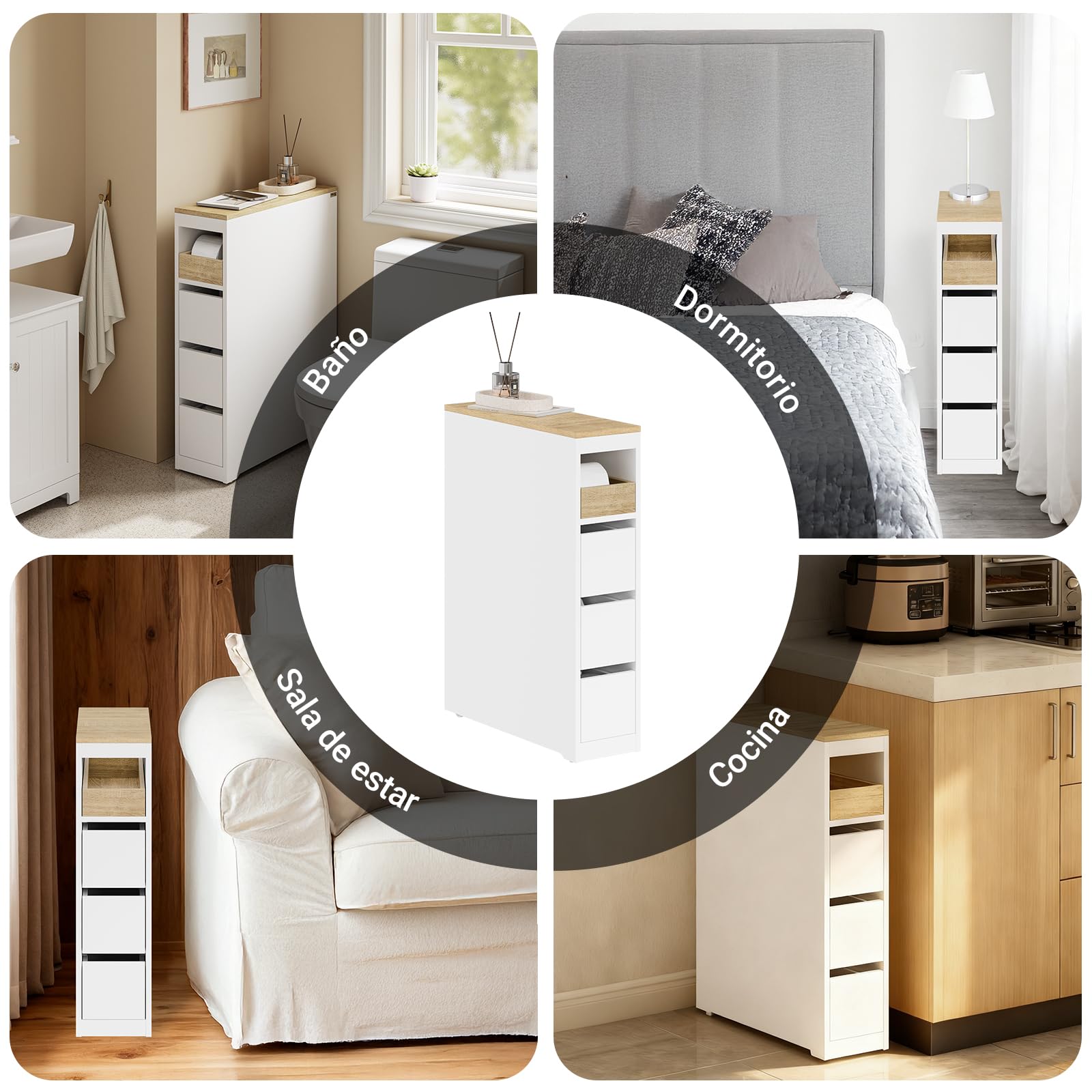SoBuy Mueble Baño Estrecho con Ruedas y 3 Cajones, Blanco 65x23x82cm | Mueble Auxiliar Baño, Armario Estrecho para Baños Pequeños, WC y Cocina, Blanco, BZR54-K-W