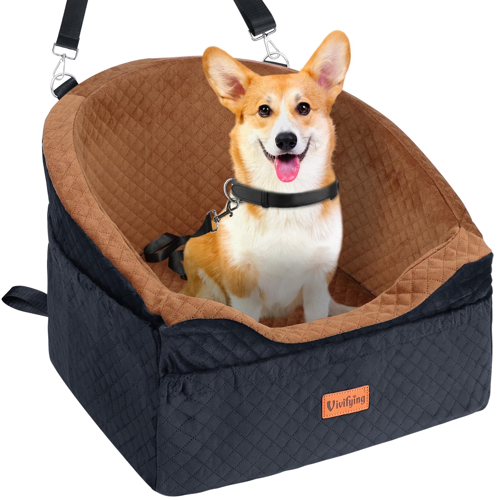Photo 1 of Vivifying Dog Car Seat for Small & Medium Dogs, Detachable & Washable Booster Seat for Pets Up to 30lbs, Travel Bed with Storage Pockets and Safety Belt – Brown&Black