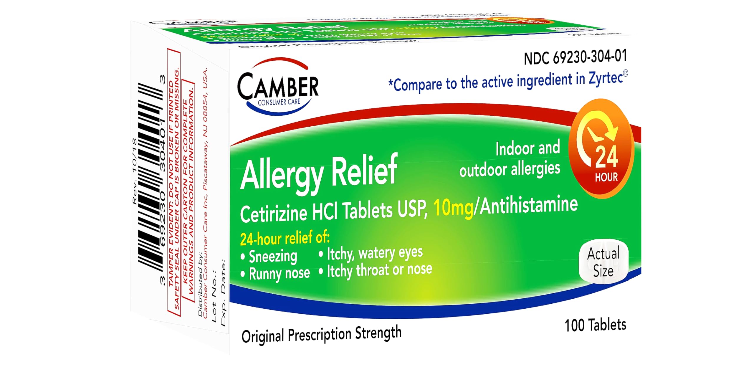 CAMBER Cetirizine HCI 10mg Tablets, 24-Hour Allergy Relief, Allergy Medication - 100 Count