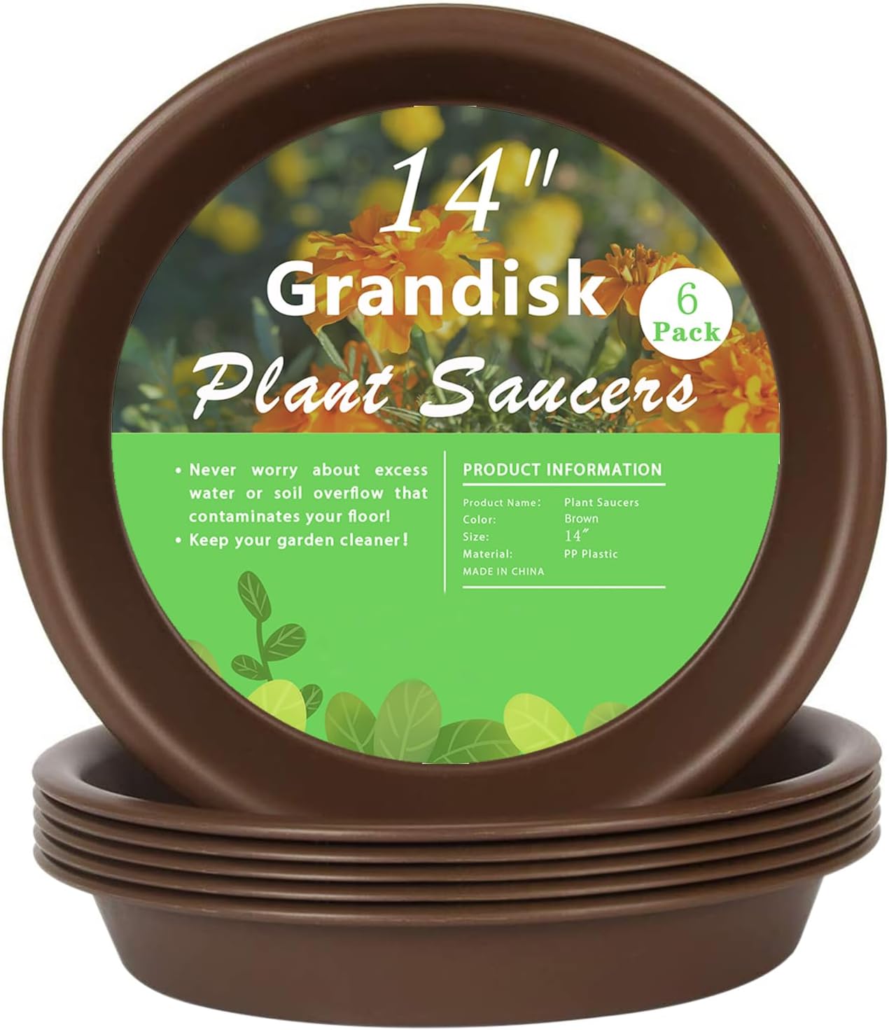 Grandisk 6 Pack Plant Saucer 14 inch Plant Trays for Pots Heavy Duty Plastic Plant Drip Trays for Indoors Outdoor Plant Drainage Tray 14 inch Brown