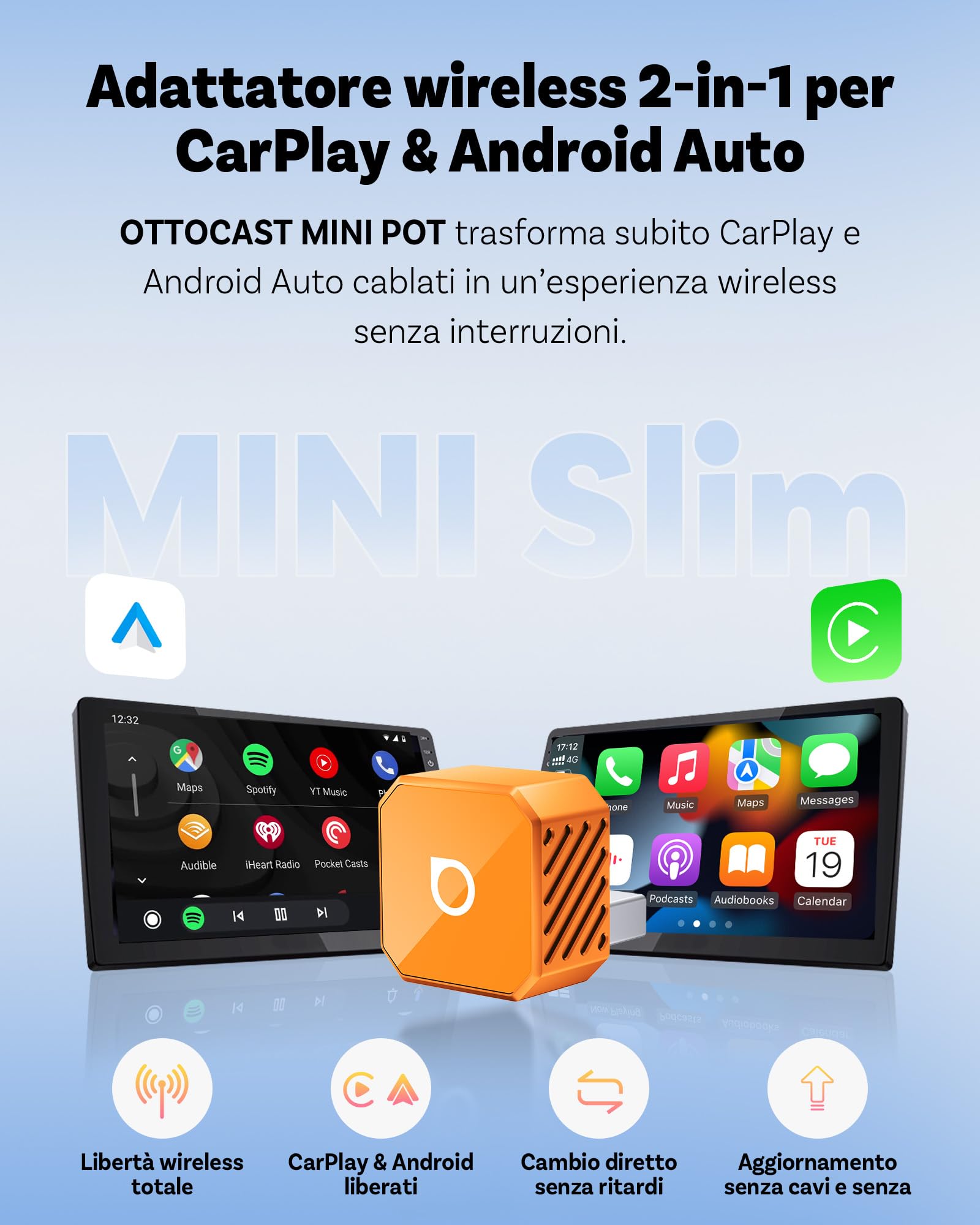 2026 Ottocast Mini Pot Orange, Adattatore CarPlay e Android Auto Wireless 2-in-1, Dongle Wireless Plug & Play, Auto-Connessione in 5s, Mini Cube per Auto con Sistema Cablato di Serie, iPhone e Android