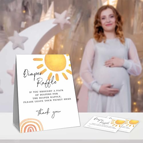Miniatura 4 de NYCTUG Juego de baby shower, kit de juego de rifa de pañales Sun Shine para niños y niñas, 1 letrero de pie para rifas de pañales con 50 boletos