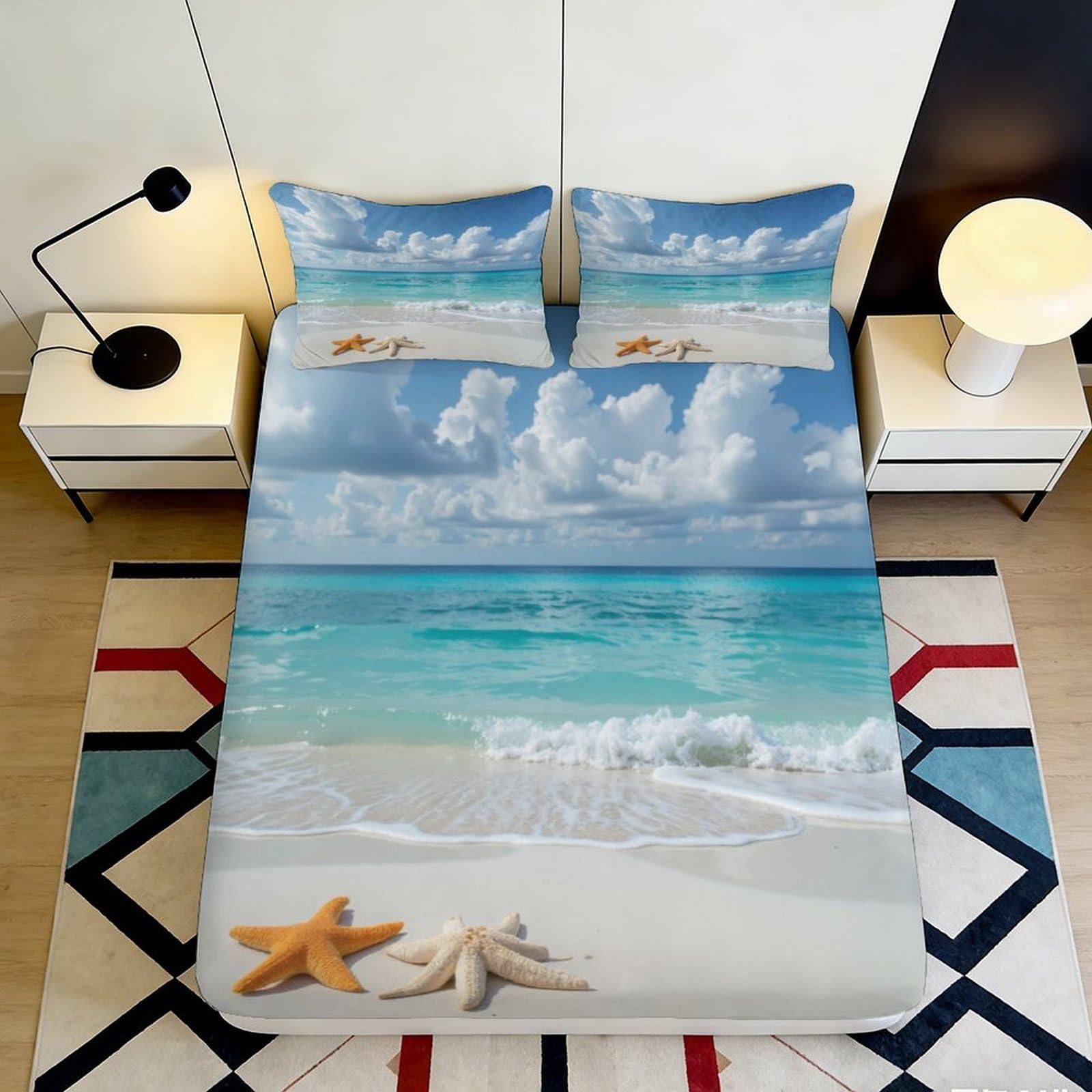 3D Printed Beach Ocean Fitted Sheet Microfiber Soft Blue Sky Starfish Mattress Cover for Bedroom Guest Room Mattress Protection Decor 90x200x25cm