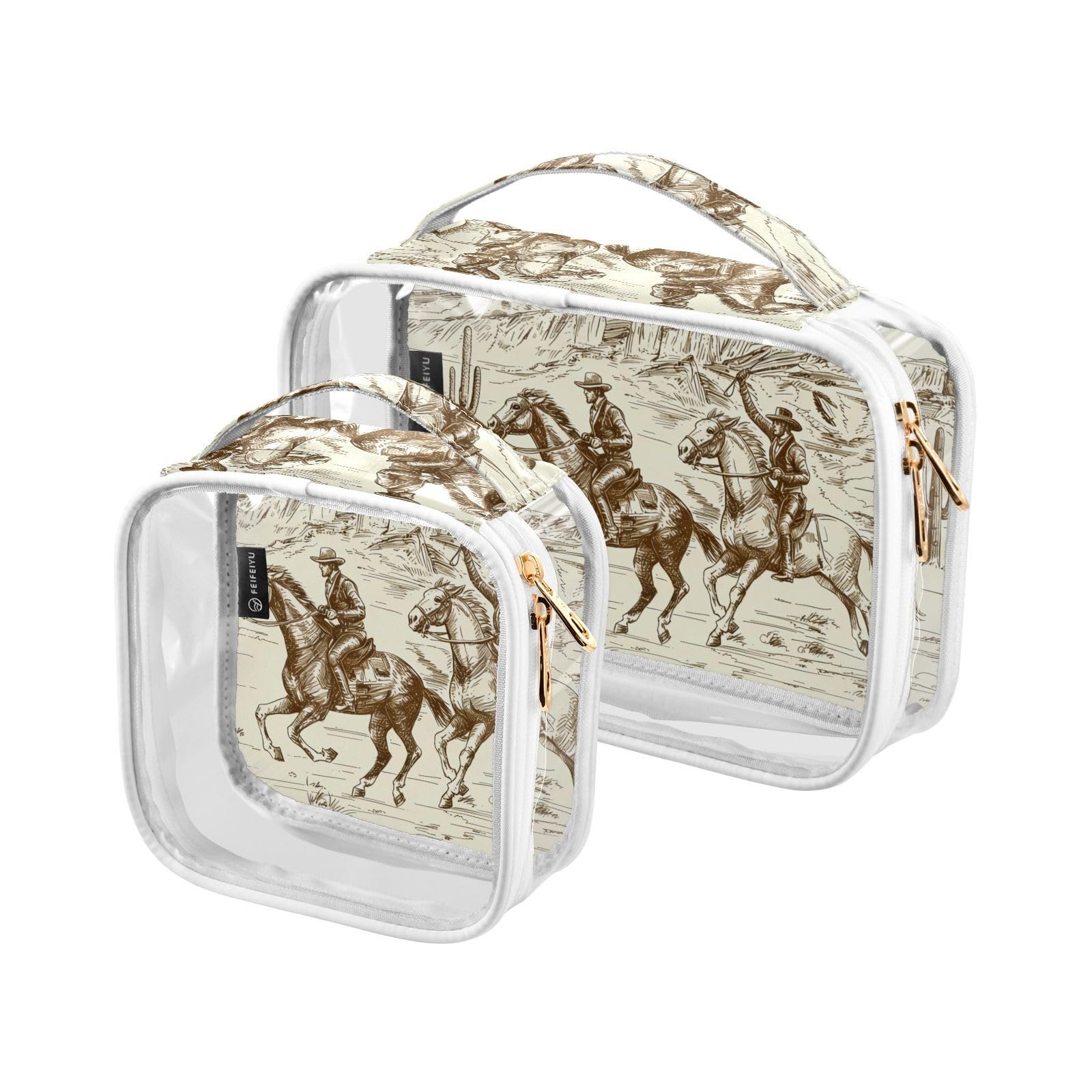 ZOEO 2 Pack Clear Makeup Bag, Western Desert Cow Mexican Horse Car Pouches For Organization Waterproof Travel Toiletry Bags For Women Girl