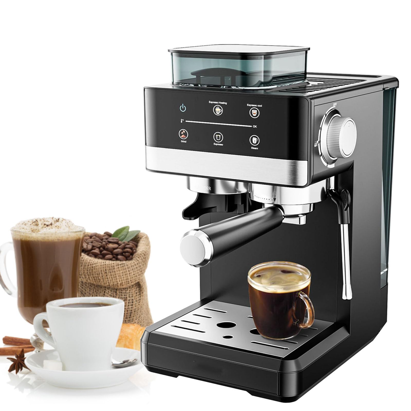 Macchina per caffè espresso con montalatte, pressione 20 bar, serbatoio dell'acqua rimovibile, per la preparazione del caffè domestico