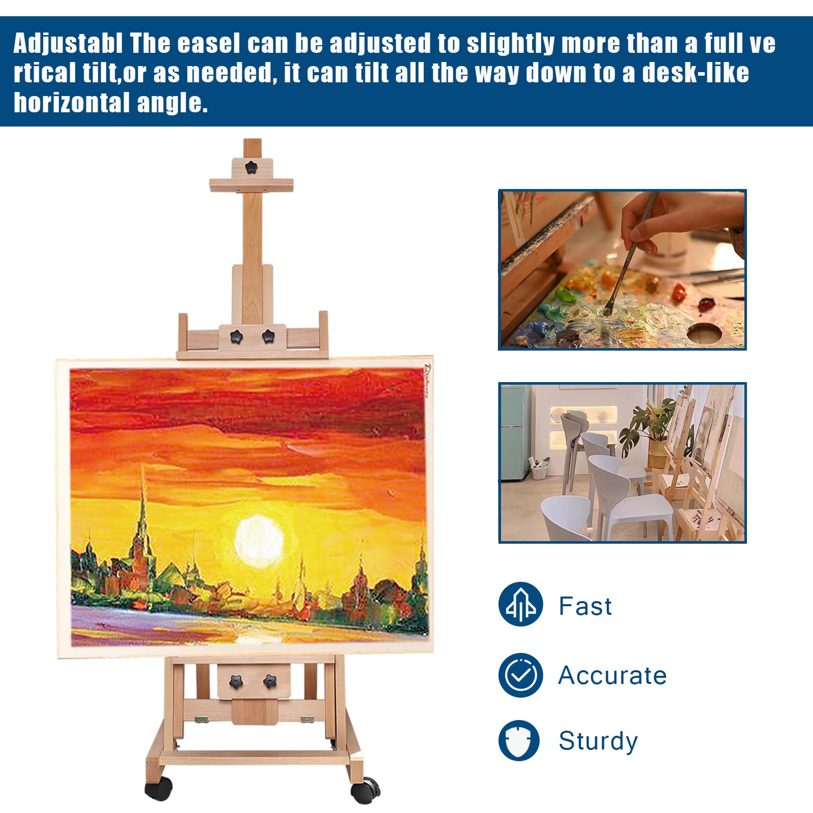 Caballete de madera de haya regulable en altura, 143-232 cm, caballete de pintura con modo plano y 4 ruedas de freno, caballete para lienzo, taller, curso de pintura y exposición
