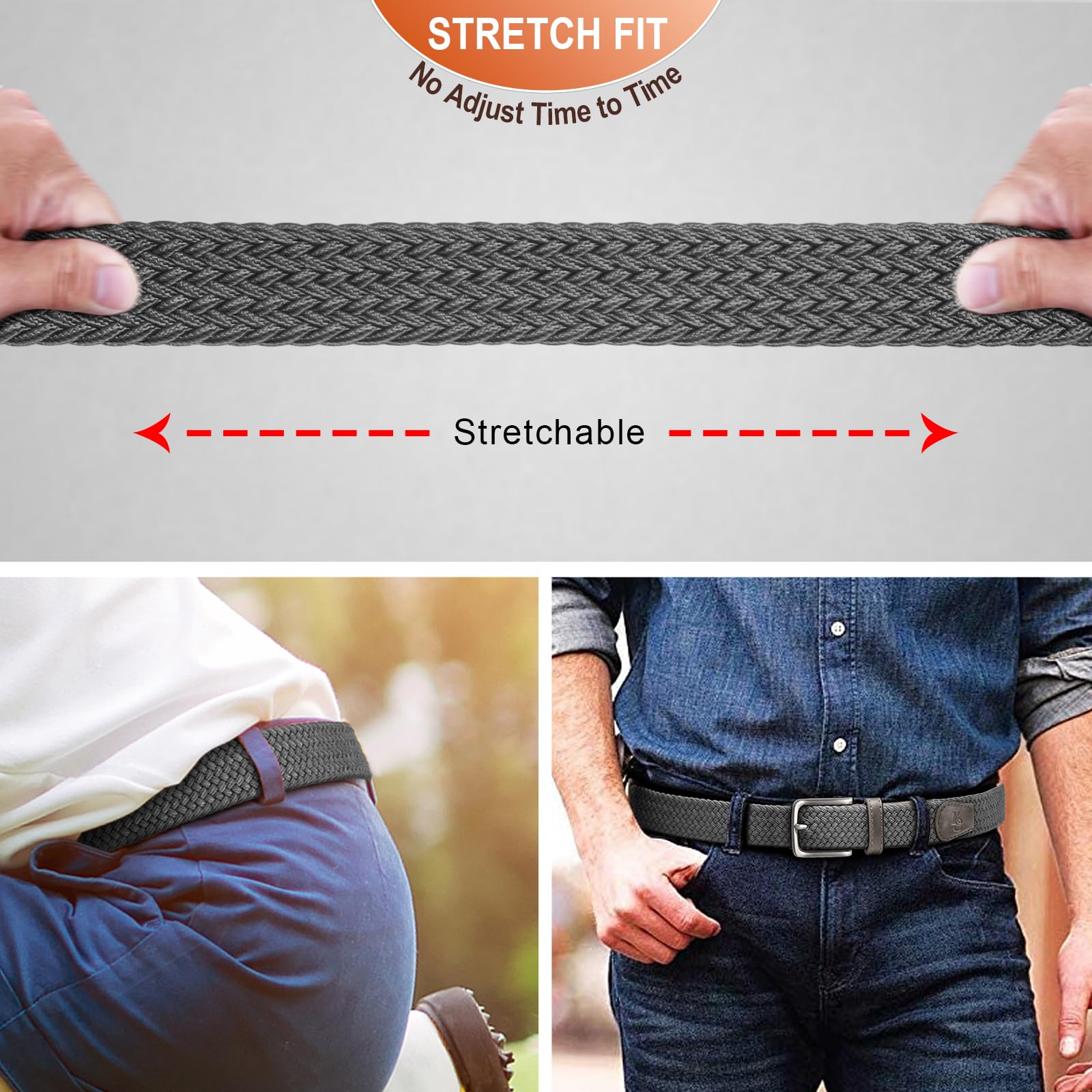 KEMISANT Men's Golf Belt 2 Pack-Braided Woven Stretch Belt for Gift Men Casual Jeans Sports Work 1 3/8"