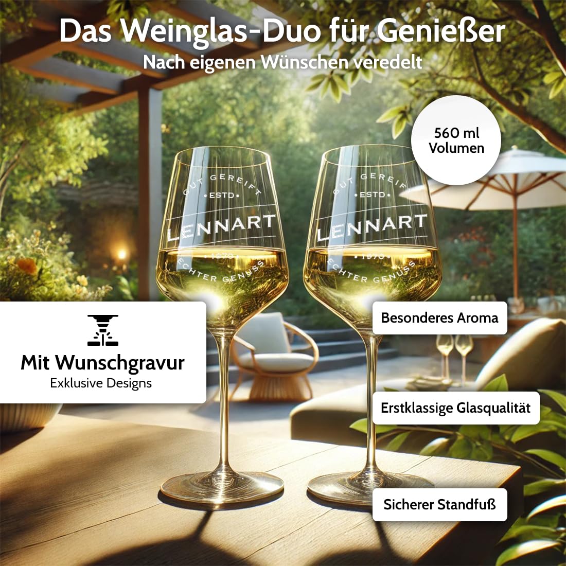 polar-effekt Weingläser 560 ml 2er-Set & Holzkiste mit personalisiertem Druck - Geschenk für Weinliebhaber - Gläser für Rotwein & Weißwein - extra spülmaschinenfest