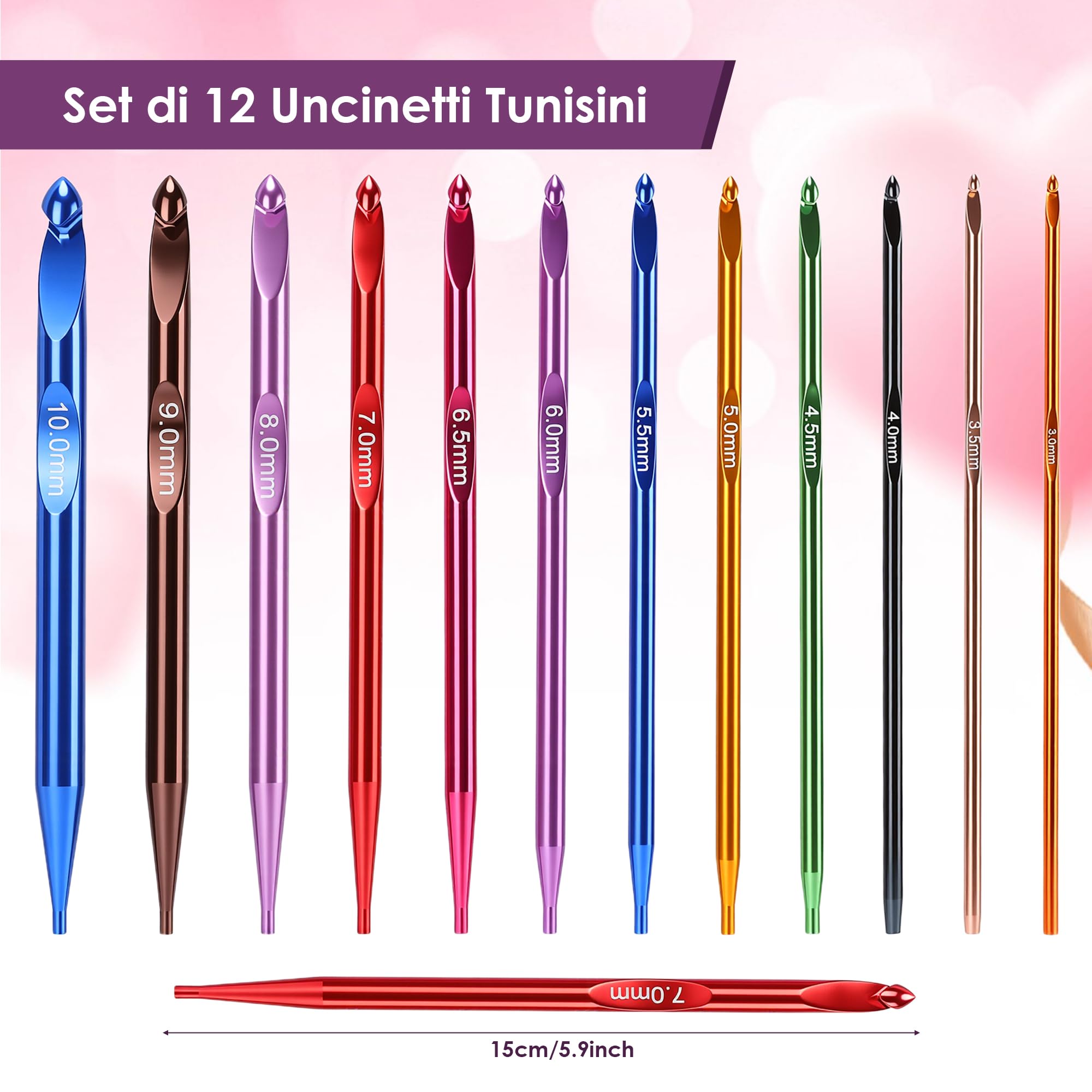 Set di 12 Uncinetti Tunisini Intercambiabili, Uncinetti Afgani in Lega di Alluminio, Dimensioni 3,0-10,0mm, Fili 40cm 60cm 80cm 100cm per Tappeti, Maglioni, Sciarpe
