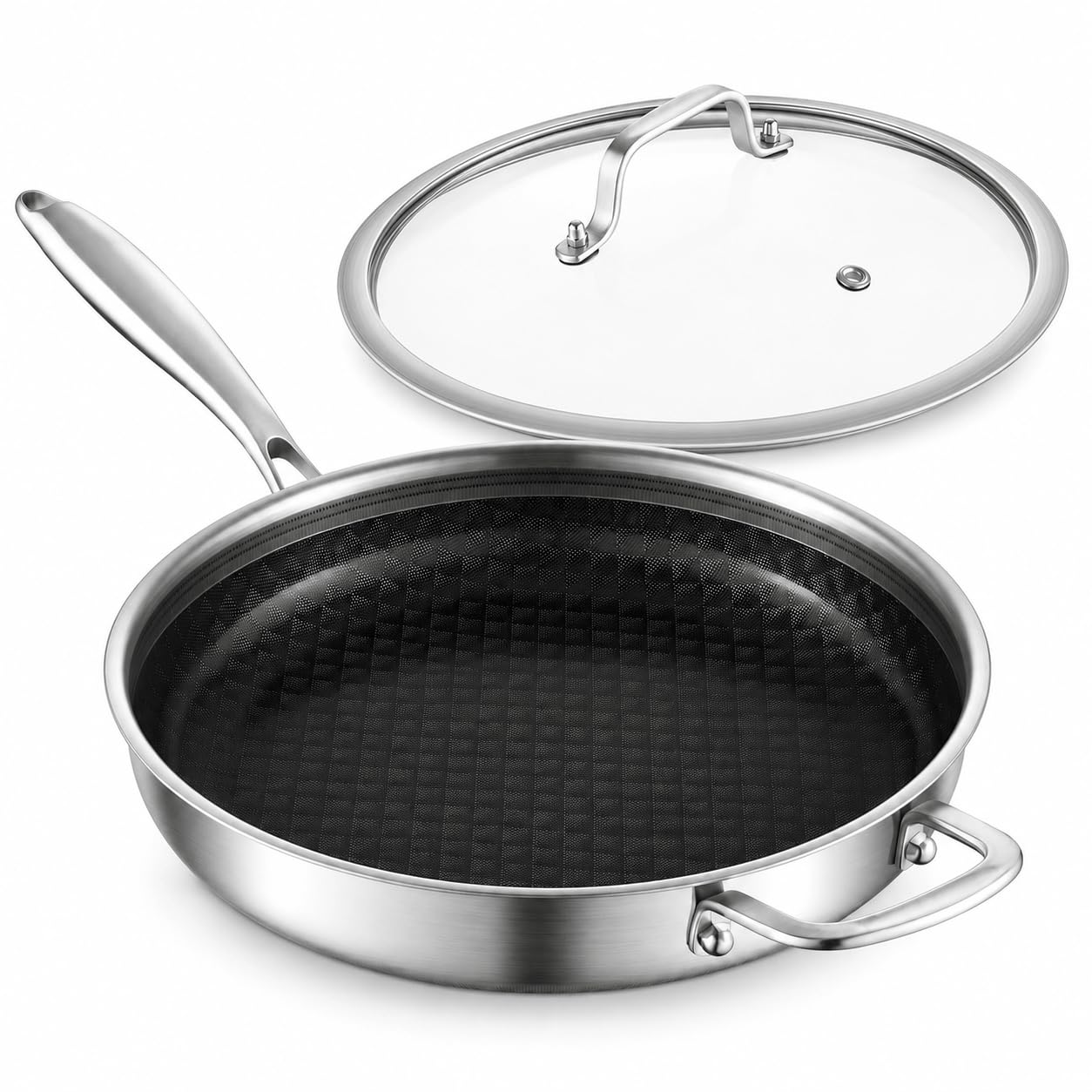 Nontoxicook 30cm Tri-Ply Stainless Steel Frying Pan with Lid, Nonstick Omelette Pans, Small Egg Pan Durable Chef's Pan, Induction Kitchen Skillets, Compatible with All Cooktops, Up to 315℃