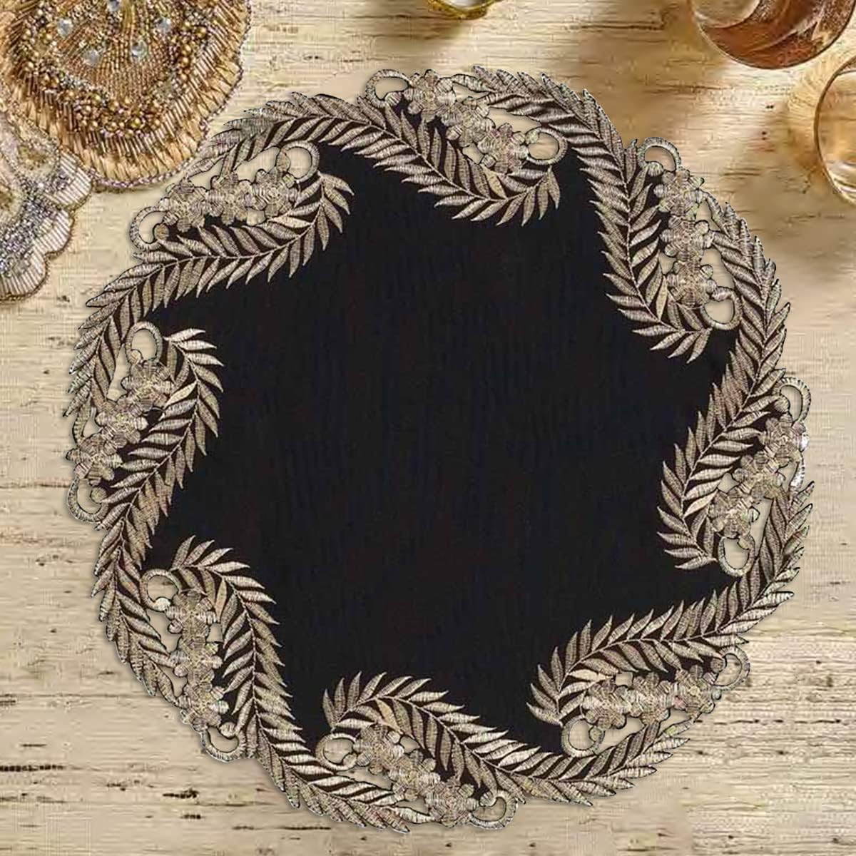 Decozen Set of 8 Doilies for Table, Lace Doilies - Rustic, Crochet, Farmhouse, Kitchen, Dining Table Centerpiece Decor - Round Christmas Placemats for Home 15 inch Gold Black, The Anyce Collection