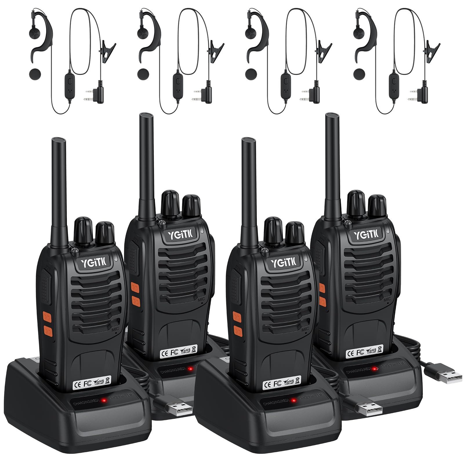 Walkie Talkies 4 Stück PMR446 16 Kanäle Professionelle Funkgerät Set | Lizenzfrei Wiederaufladbare Langstreckenradio mit VOX LED-Taschenlampe, Handheld, für den Außenbereich (2 Paar, Schwarz)