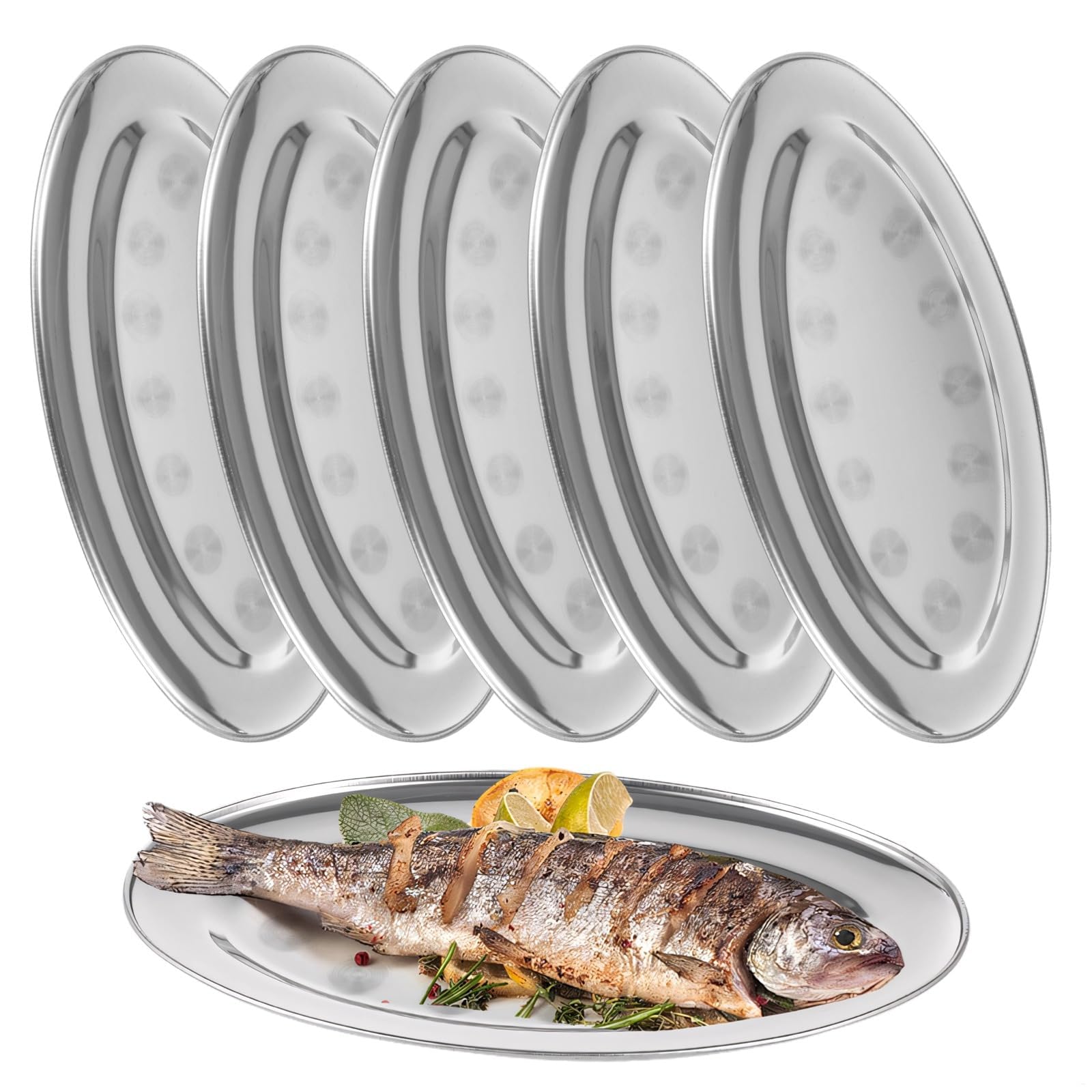 Juego de 6 platos ovalados de acero inoxidable, bandejas de metal irrompibles antioxidantes para servir platos largos de cocina Fish Ele, platos grandes de 13.2 pulgadas, platos de vapor de pescado