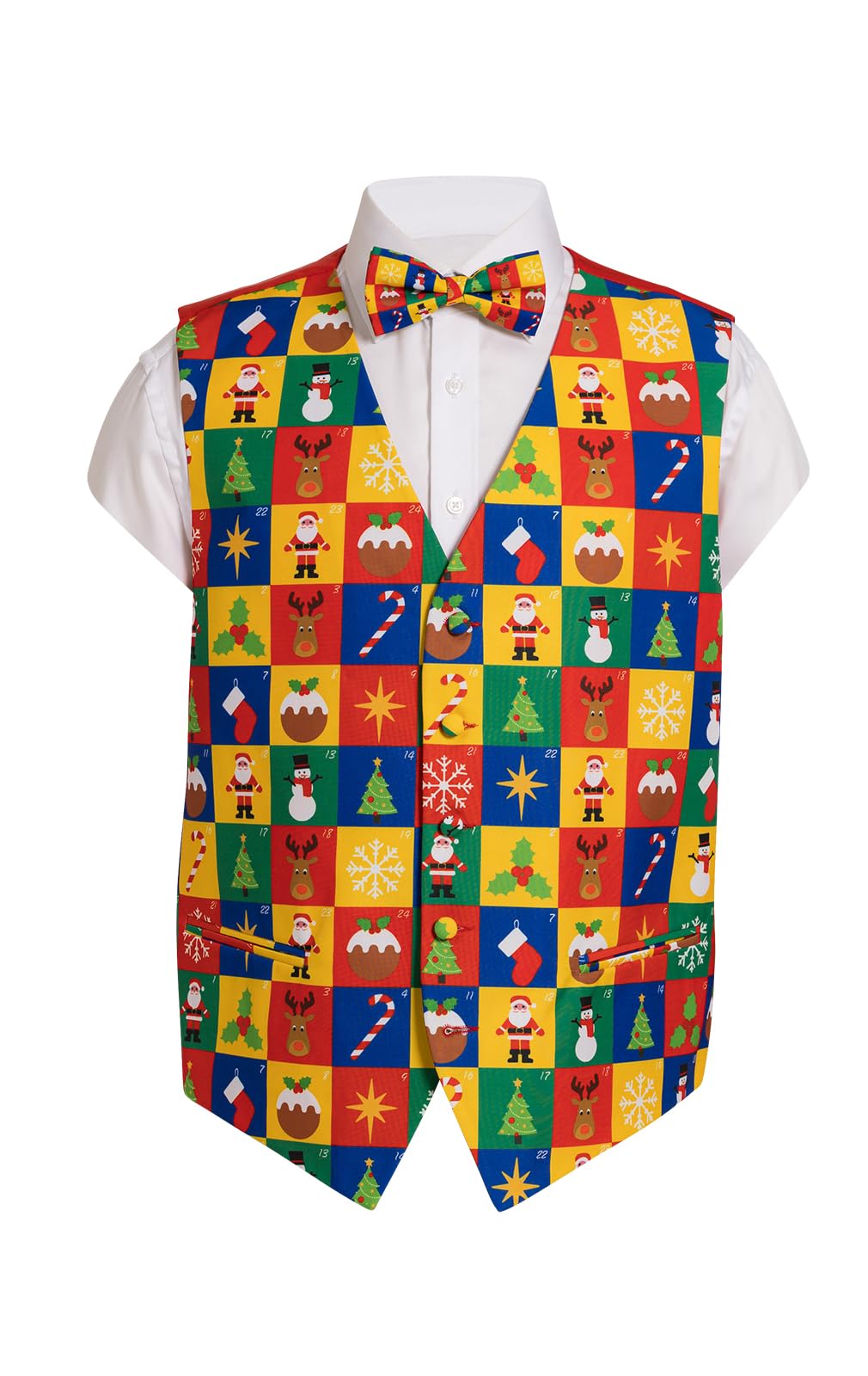 Dobell Mens Multicoloured Advent Calendar Christmas Waistcoat, Bow Tie and Handkerchief Set-4XL