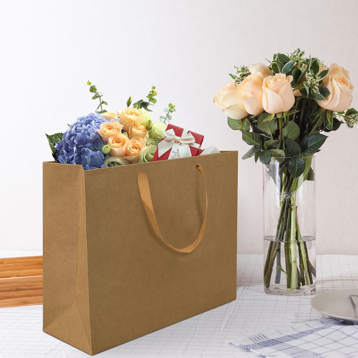 12 Pcs Extra Large Brown Kraft Paper Gift Bags, 16"x6"x12", Ribbon Handles, Solid Color, Wholesale & Retail Bags, Wedding & Party Favors - Image 2